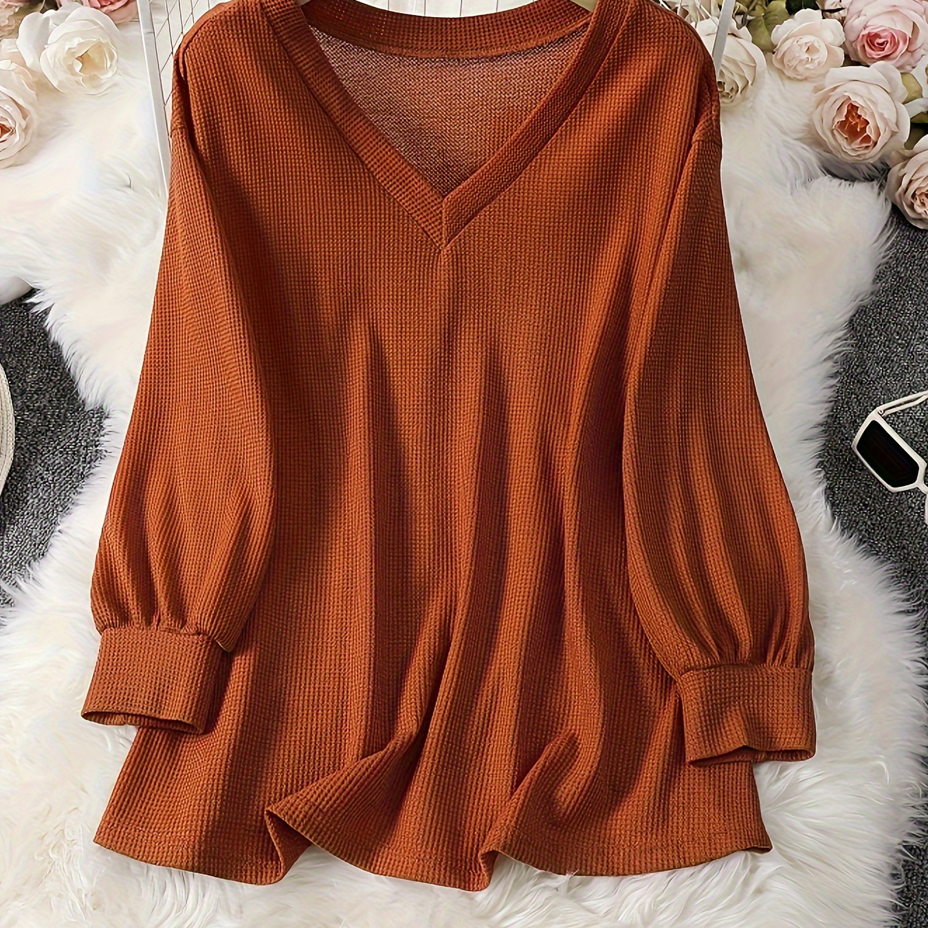 Plus Size Casual Top, Women's Plus Solid Waffle Long Sleeve V Neck Medium Stretch Top