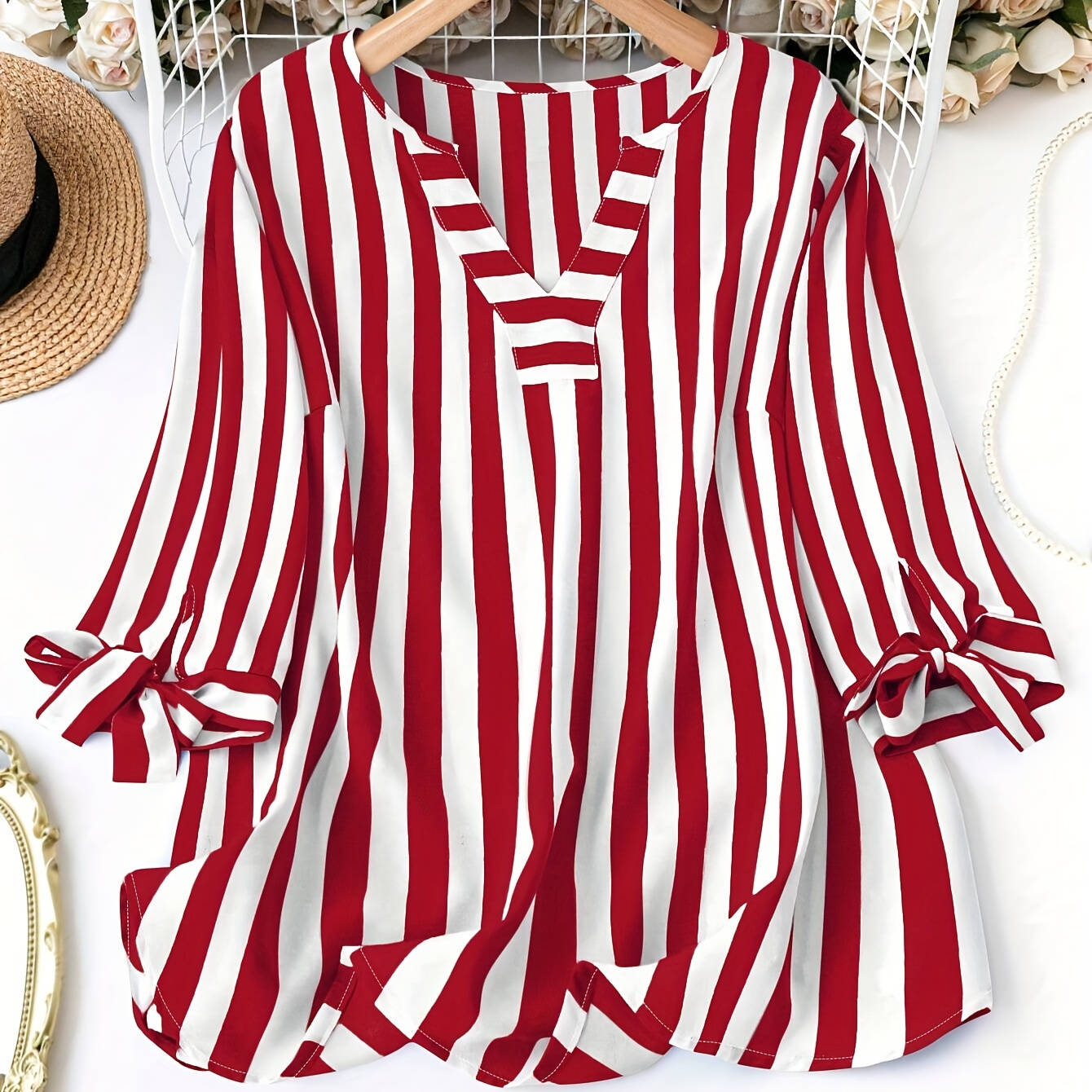 

Plus Size Striped Print Blouse, Elegant Notched Neck Tie Cuff Top For Spring, Women's Plus Size Clothing