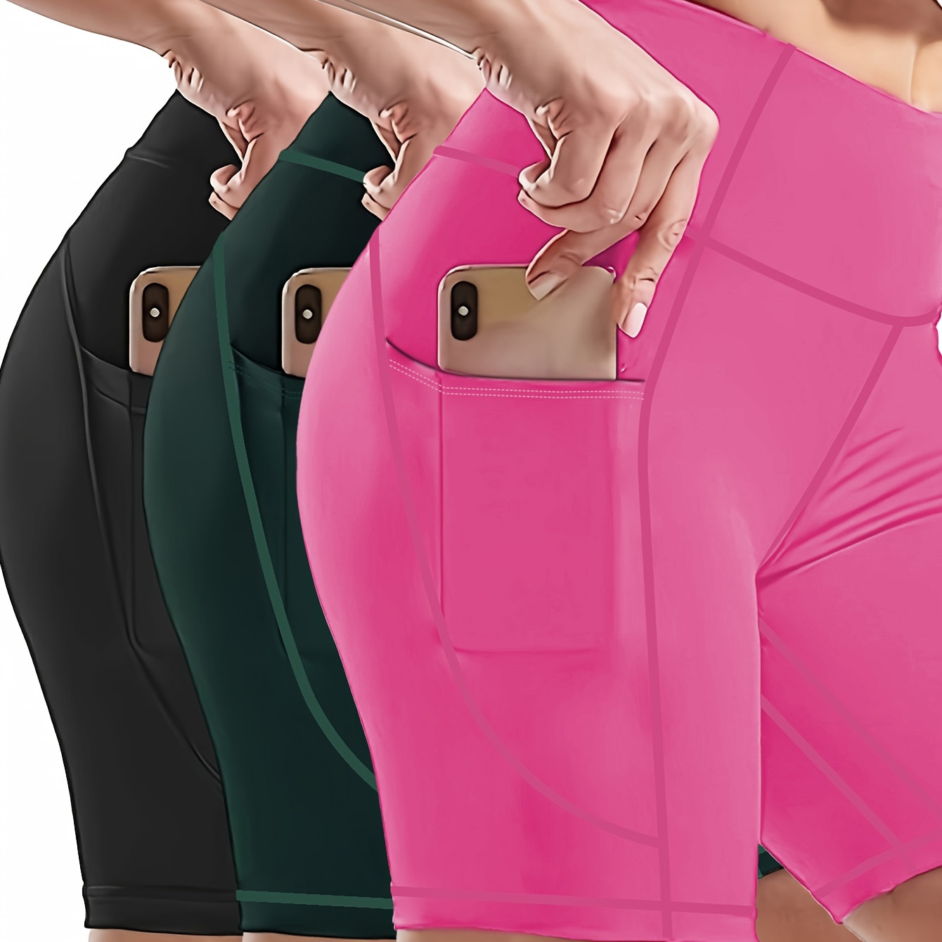 

3 Pack Plus Size Sports Leggings Set, Women's Plus Solid Wide Waistband Tummy Control Yoga Biker Shorts With Phone Pockets 3pcs Set