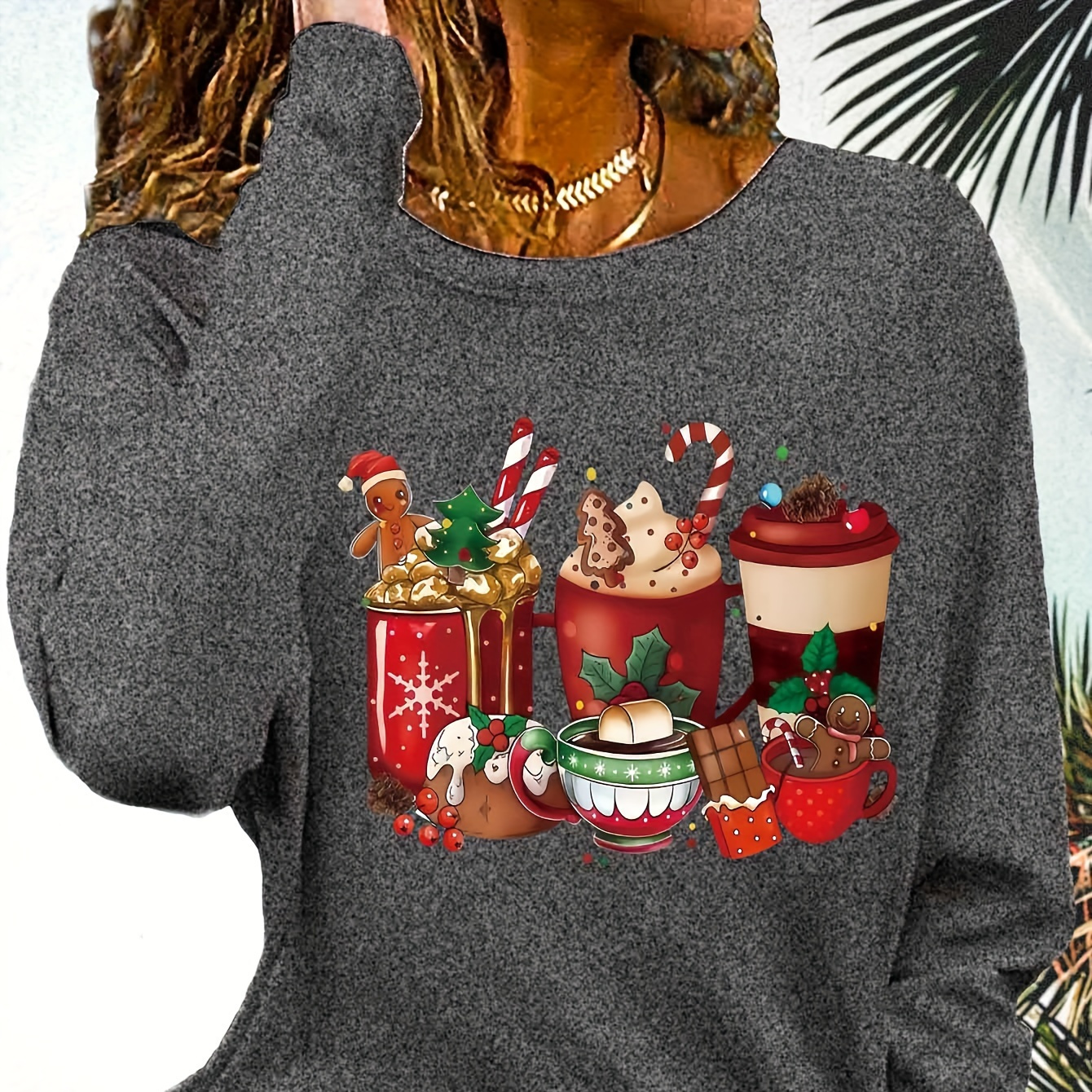 

1pc Christmas Long Sleeve T- For Women, Round Polyester Top Applique, Regular Fit And Straight Sleeves