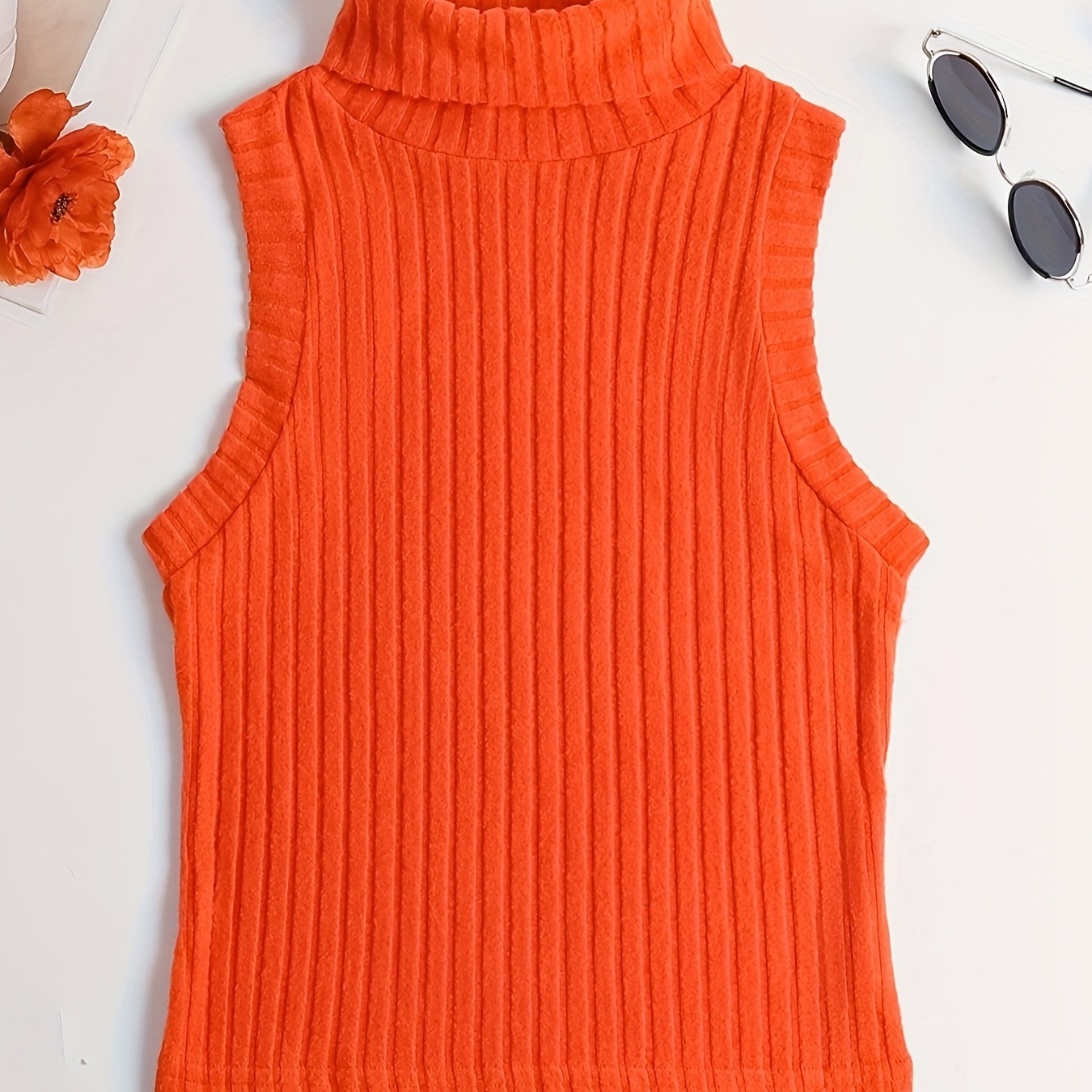 

Rib Knit High Neck Sweater Knitted Top, Sleeveless Casual Tank Top, Women's Clothing
