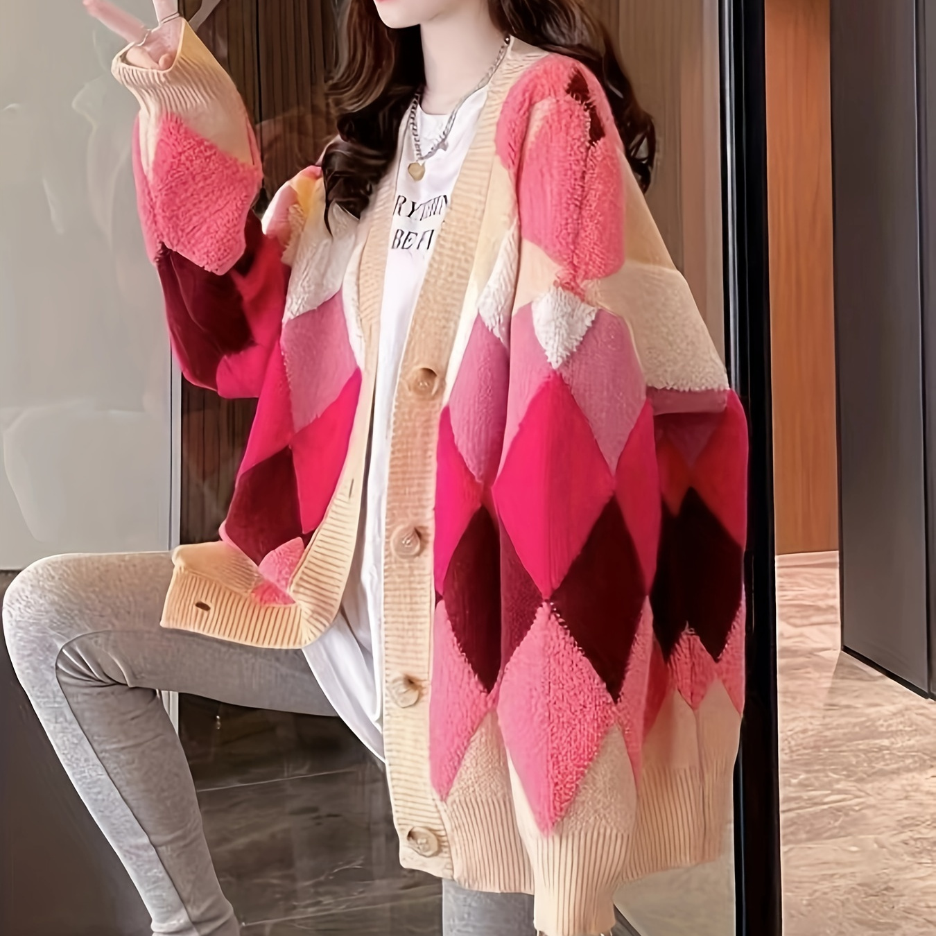 

Women's Argyle Pattern Knit Cardigan - Polyester And Acrylic Blend, V-neck, Color Block, Middle Eastern Style, Casual Long Sleeve Sweater For Fall/winter