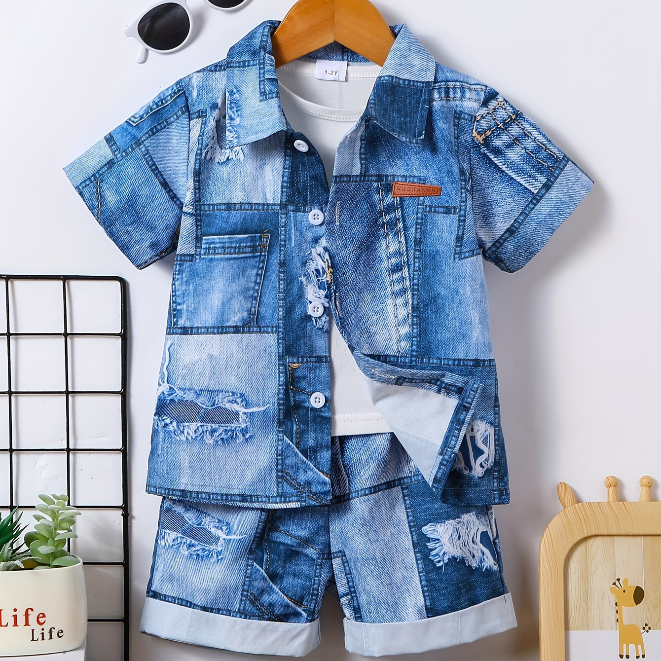 

2pcs Boys Casual Versatile Imitation Denim Short Sleeve Lapel Shirt & Shorts Set, Cool, Lightweight And Comfy Summer Clothes