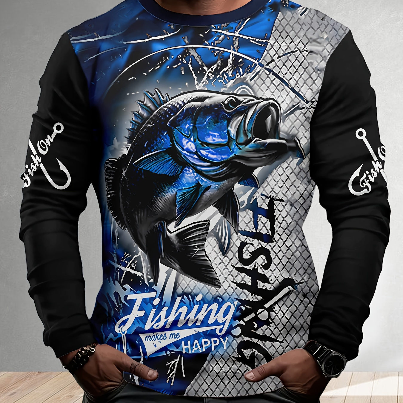 

Men's 3d Fishing Print Long Sleeve T-shirt, Casual Crew Neck Polyester Knit Fabric, Regular Fit Spring/fall Pullovers, Comfortable Slight Stretch 140gsm -