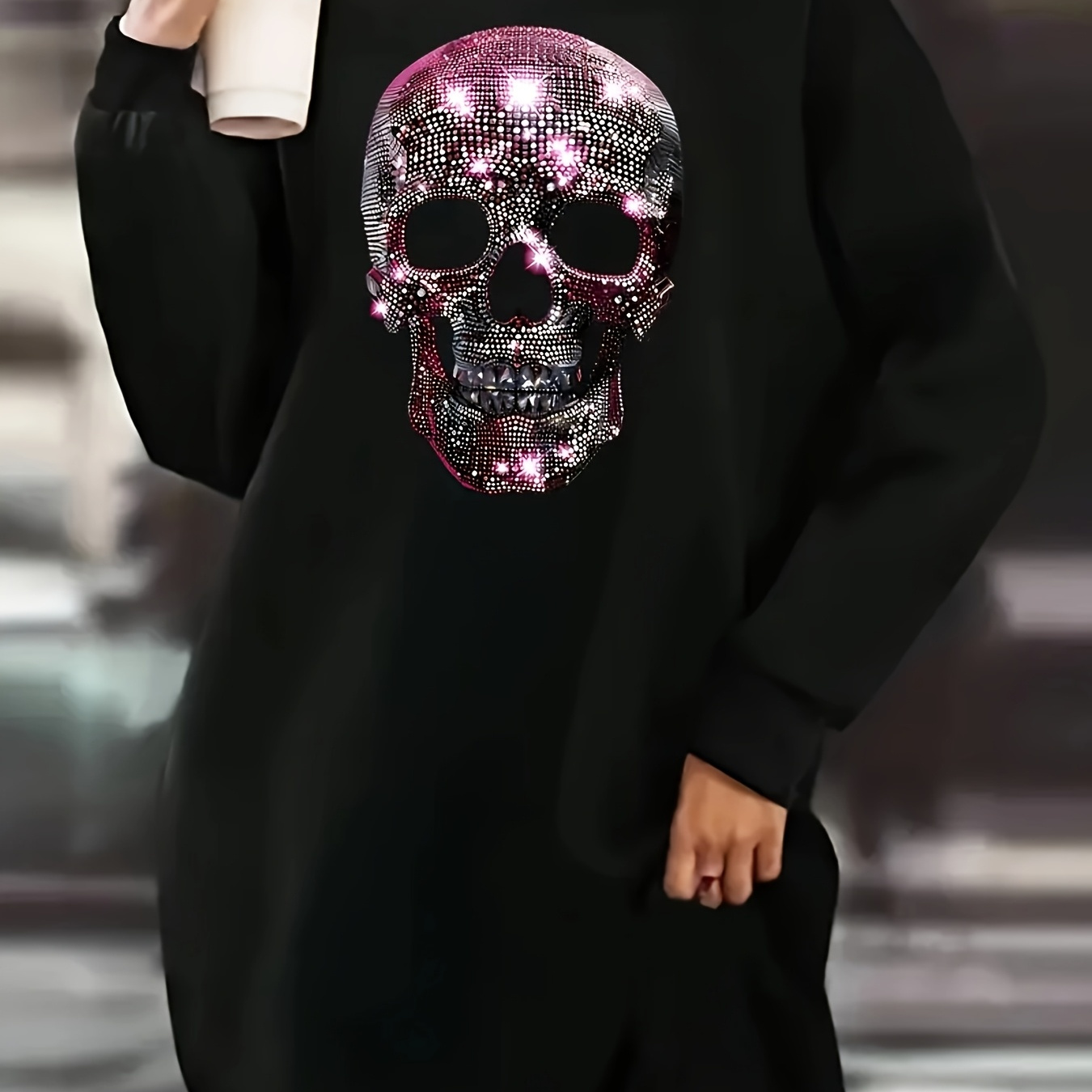 

Women's Glittering Skull Sweatshirt Dress, Long Sleeve Crew Neck Casual Knit Polyester 100% Top, 250g/m² Fabric Weight