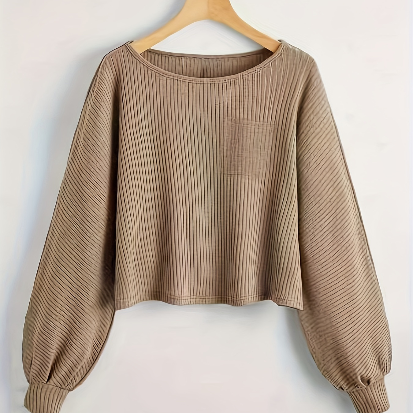 

Solid Crew Neck Tee, Casual Long Sleeve Crop T-shirt With A Pocket, Women's Clothing