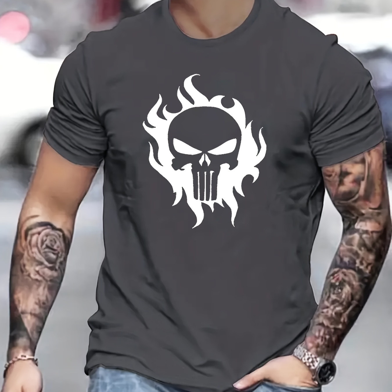 

Fashion Trendy Skull Graphic Print Men's Creative Top, Casual Slightly Stretch Short Sleeve Crew Neck Streetwear T-shirt, Men's Tee For Summer Outdoor