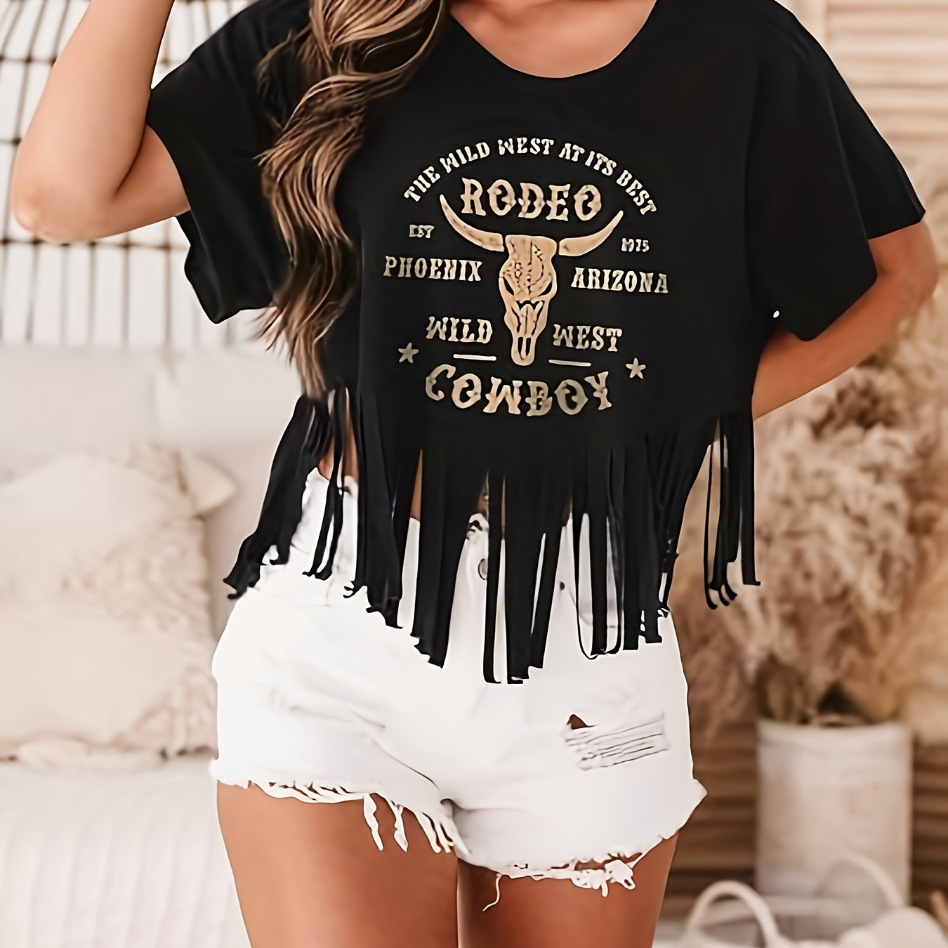 

Bull Head Print Crew Neck T-shirt, Casual Tassel Hem Short Sleeve T-shirt, Women's Clothing