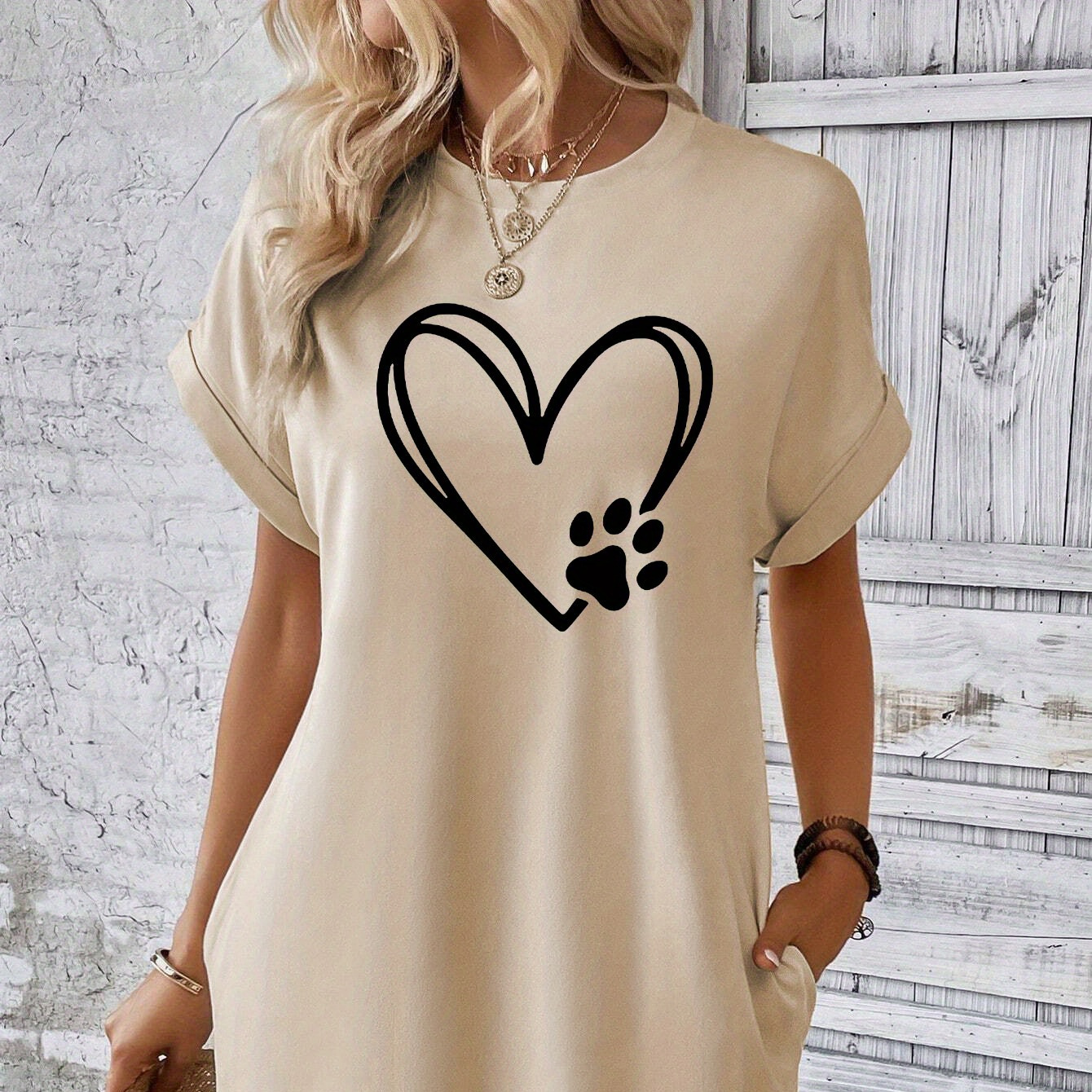 

Dog Paw & Heart Print Tee Dress, Short Sleeve Crew Neck Casual Dress For Summer & Spring, Women's Clothing