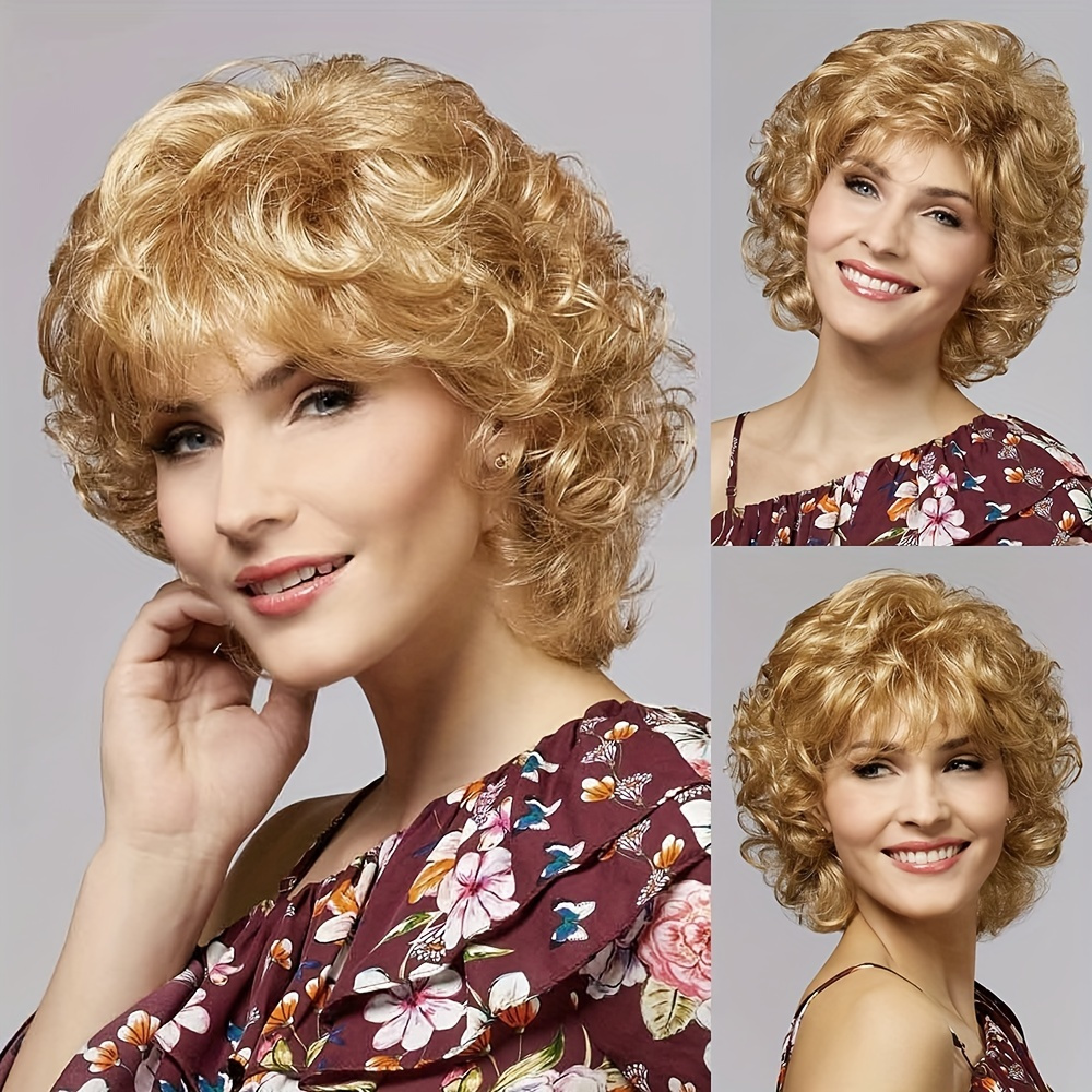 

10 Inch Women Short Curly Wavy Wigs With Bangs Synthetic Full Wigs For Daily Wear Costume Party Cosplay 10 Inch Blonde Wig Blonde Mix Brown Wigs