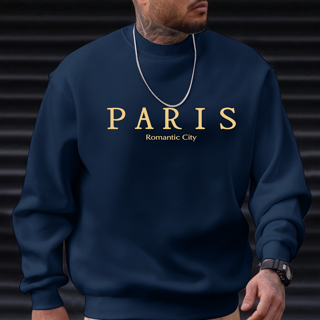 

Paris Romantic City Print, Sweatshirt With Long Sleeves, Men's Creative Slightly Flex Crew Neck Pullover For Spring Fall And Winter