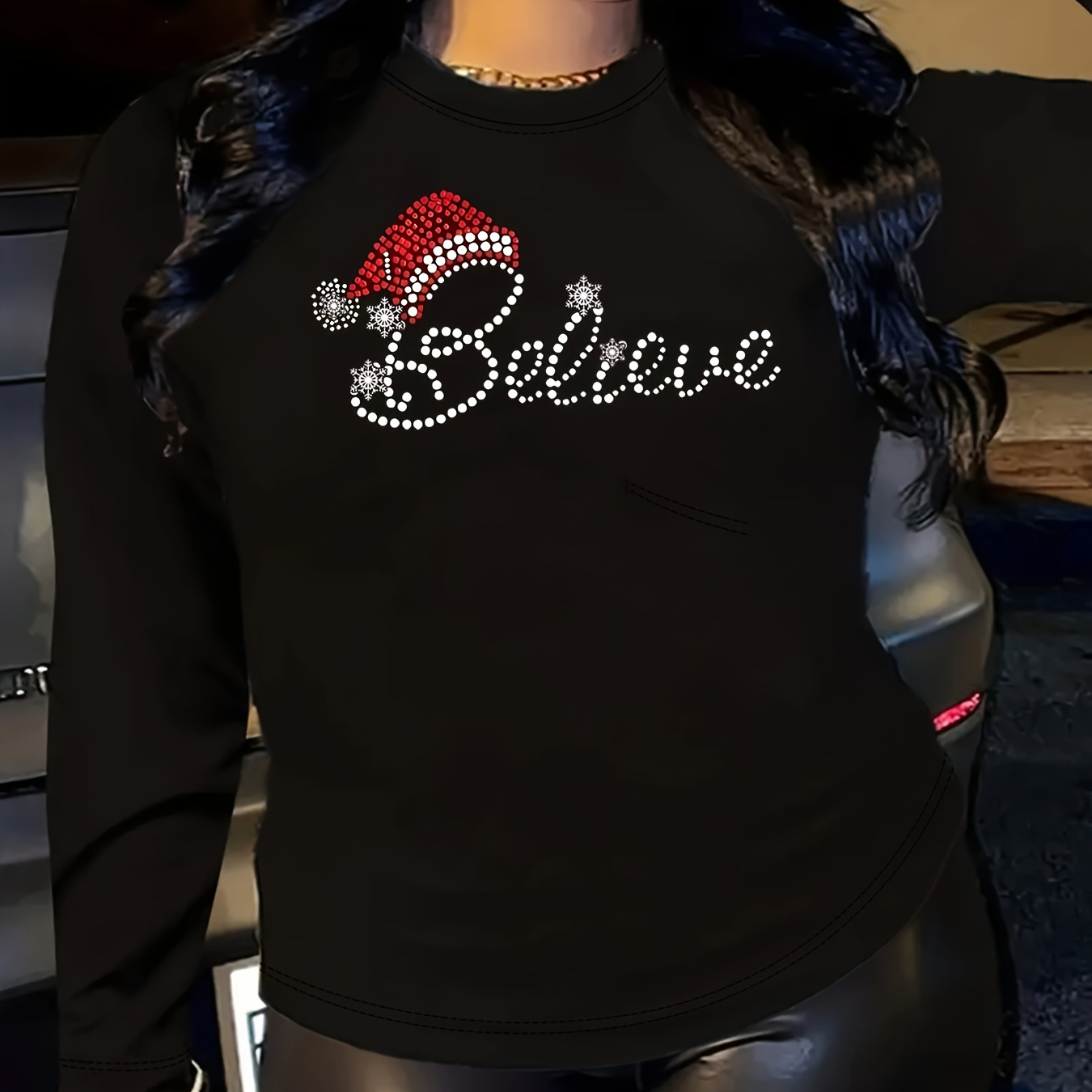 

Women's Long Sleeve T- Christmas Hat & , , -