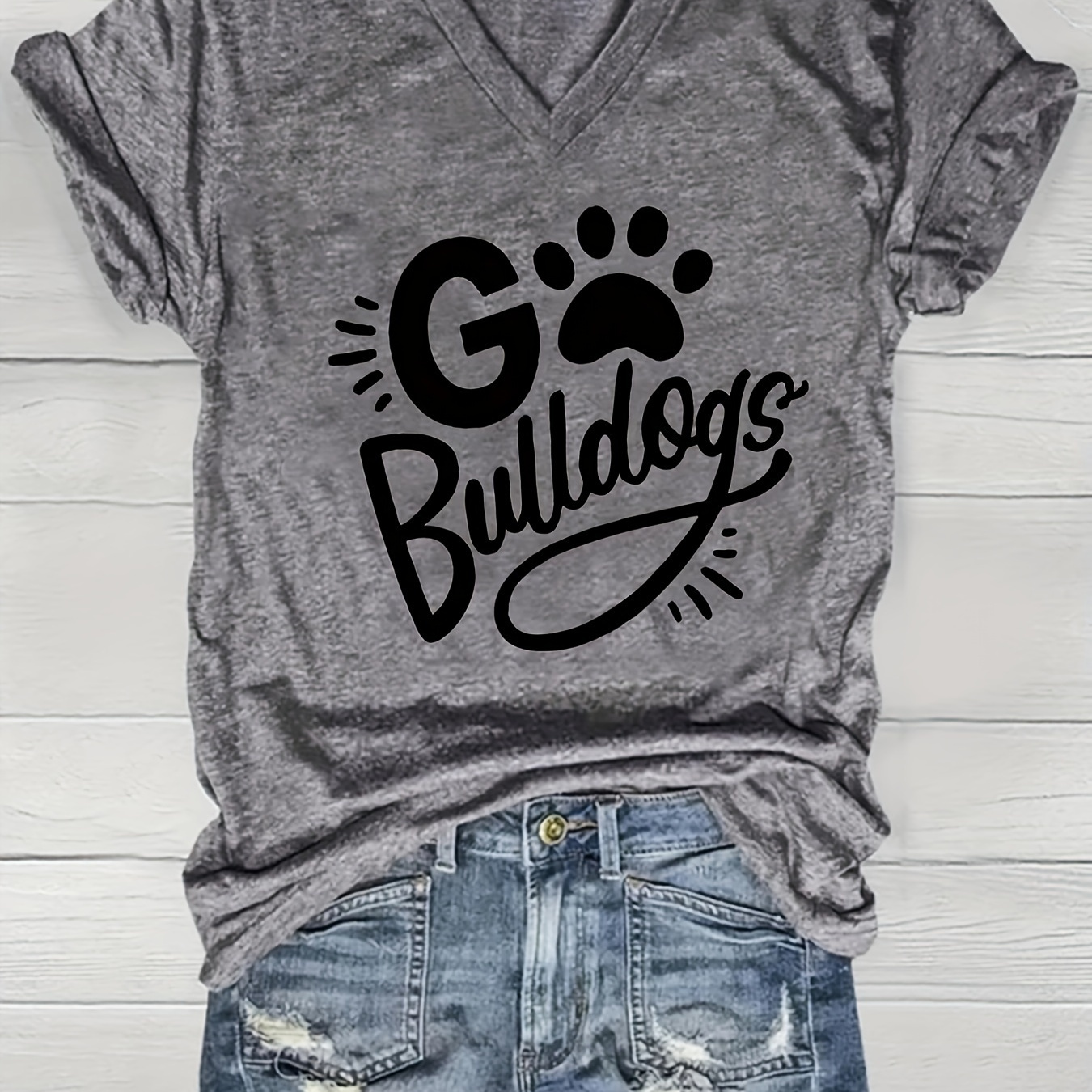 

Bulldogs & Paw Print T-shirt, Casual Short Sleeve Crew Neck Top For Spring & Summer, Women's Clothing