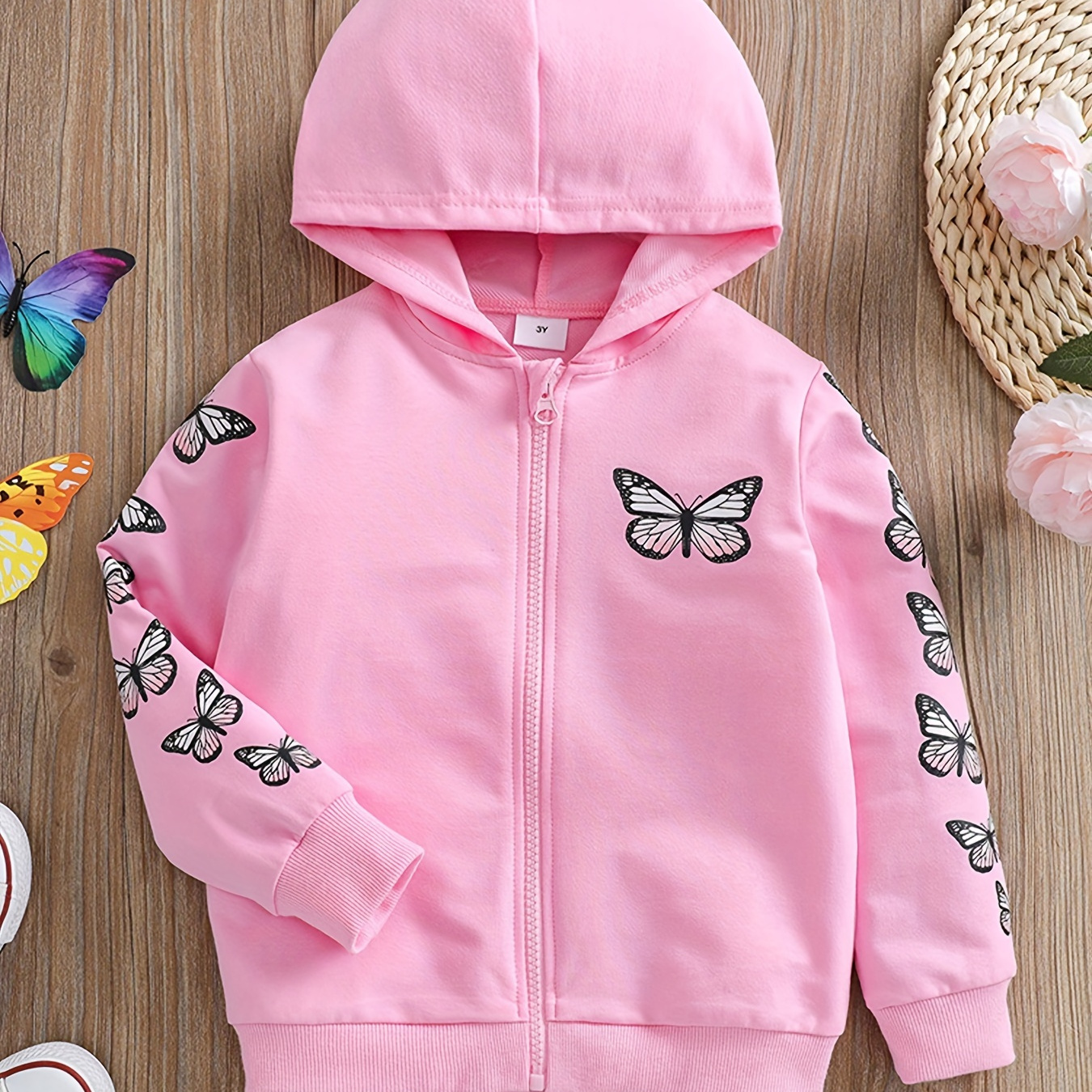 

Butterflies Print Zip-up Jacket For Girls, Hooded Jacket