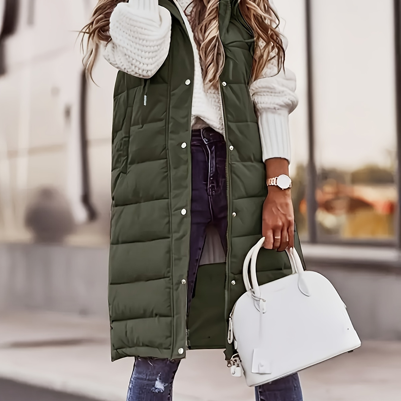 

Women's Casual Long Hooded Vest - Polyester Solid Color Zippered Sleeveless Winter Coat With Pockets