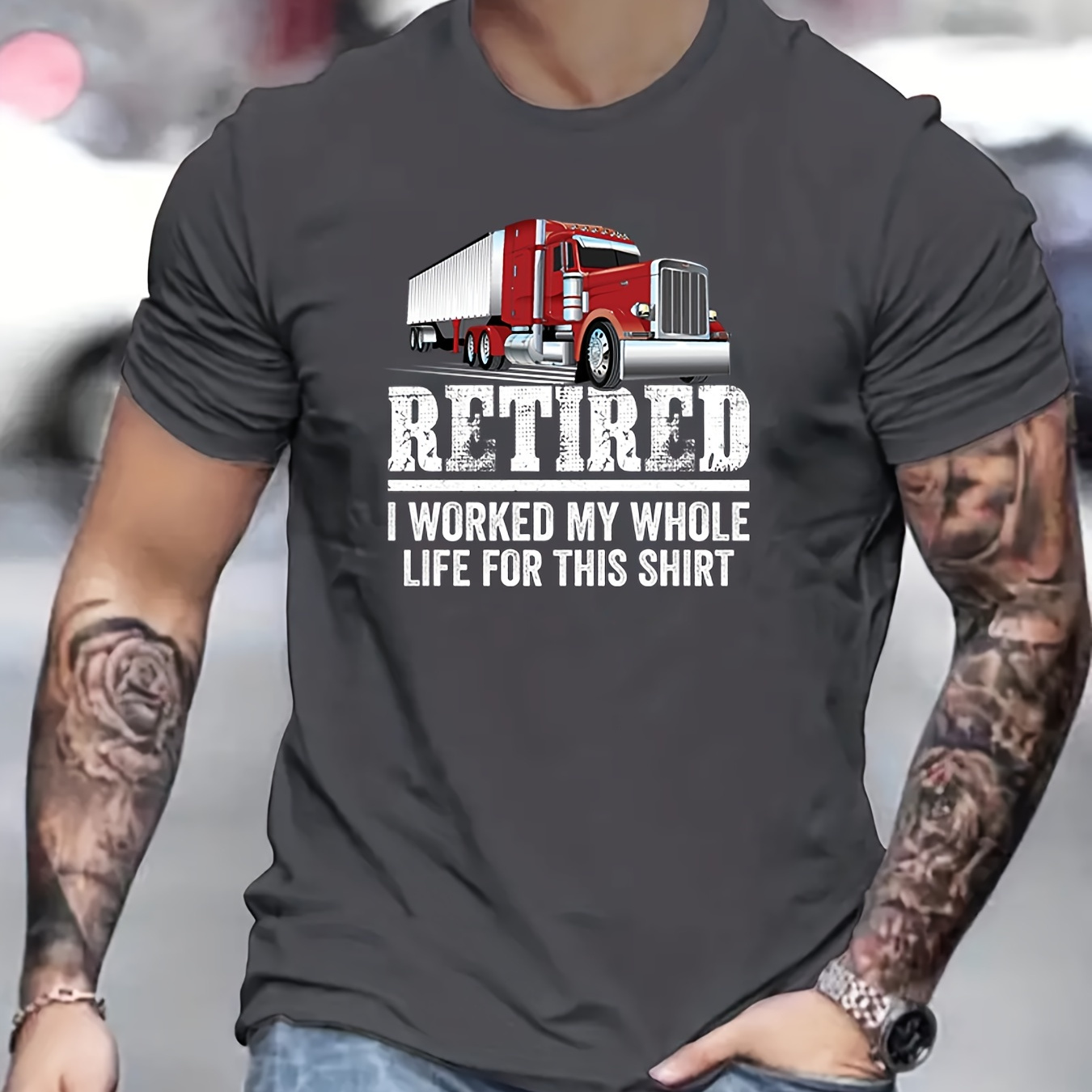 

Truck & Retired Letter Pattern Print Men's Comfy T-shirt, Graphic Tee Men's Summer Outdoor Clothes, Men's Clothing, Tops For Men