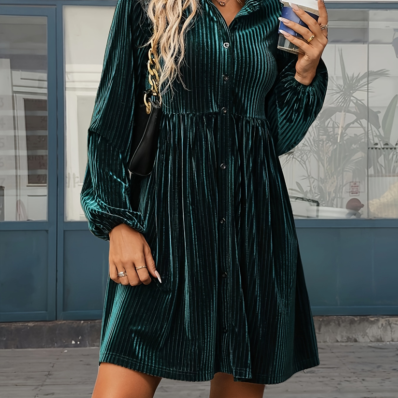 

Front Button Velvet Lantern Sleeve Shirt Dress