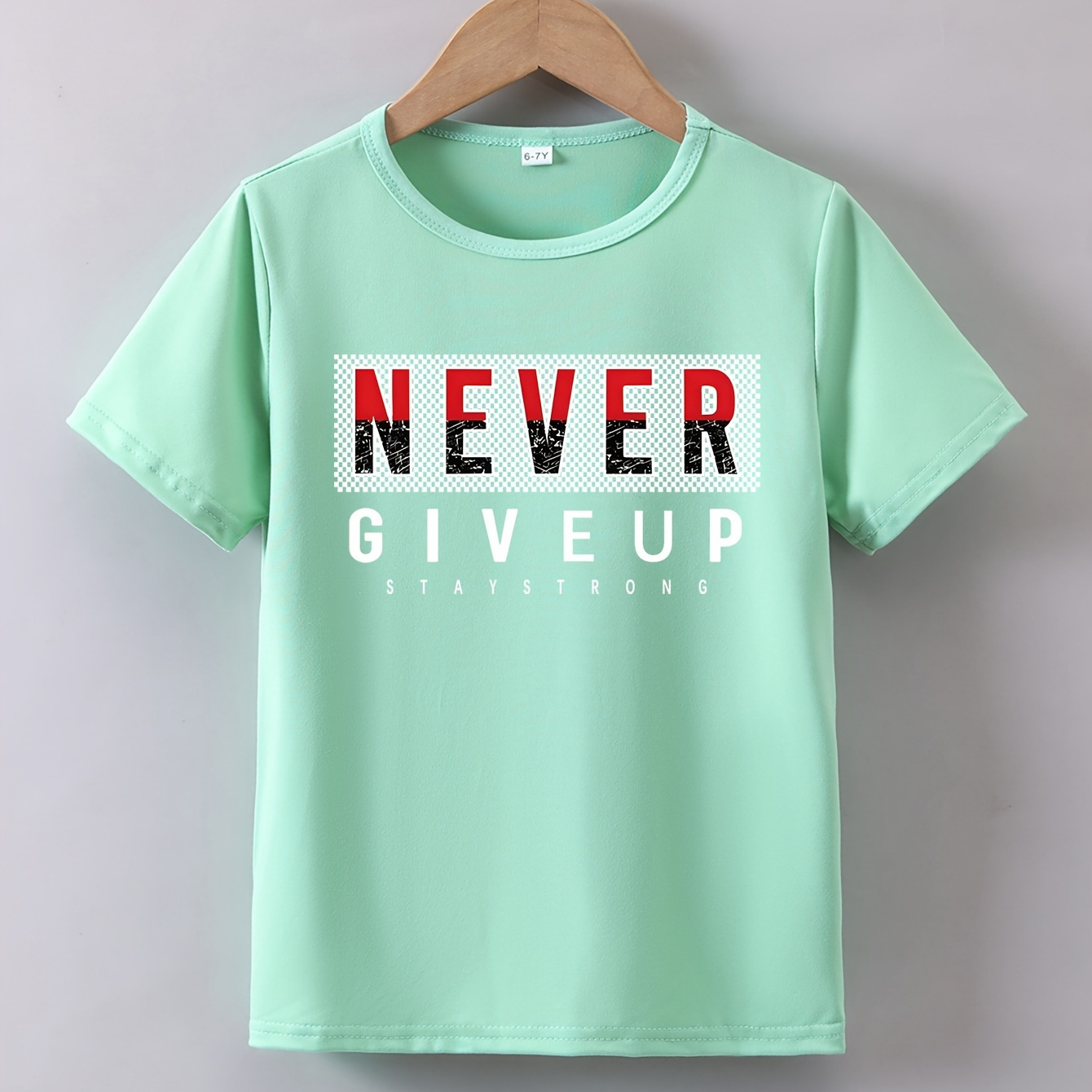 

Never Give Up Print Boy's Crew Neck T-shirt, Short Sleeve Comfy Versatile Tee Tops, Summer Casual Clothing