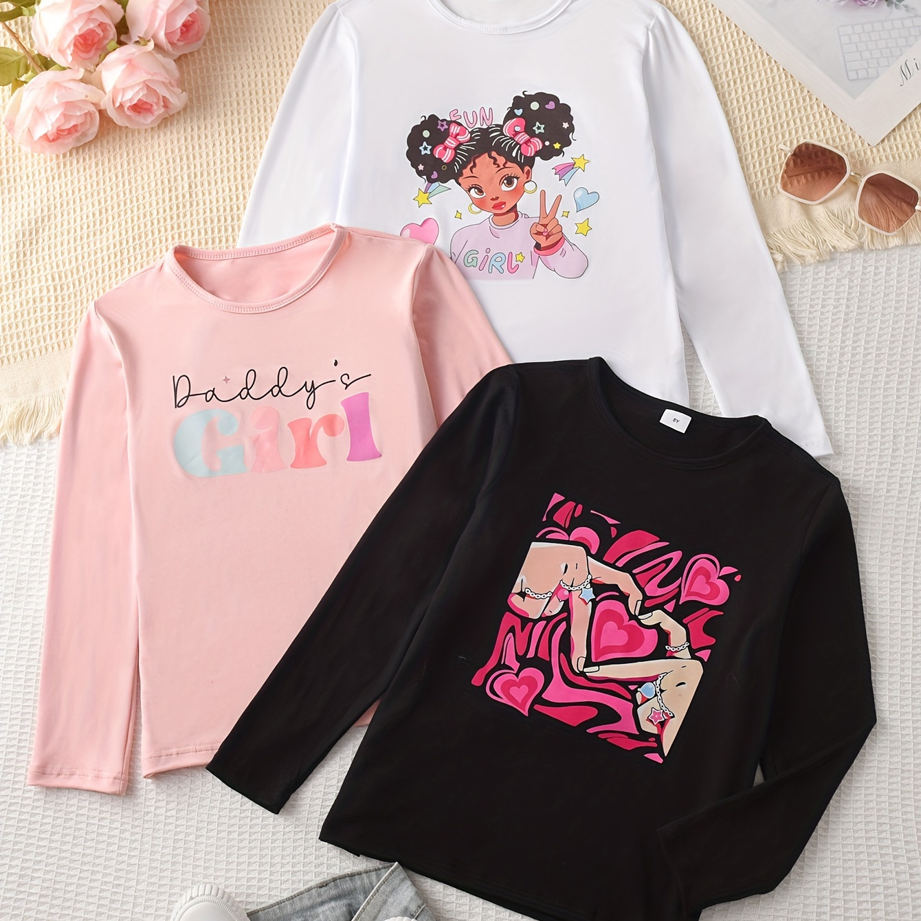 

Cartoon Girl & Daddy's Girl & Hand Heart Gesture Graphic Print, Girls 3pcs/set Comfy & Trendy Long Sleeve T-shirts For Spring & Fall, Girls Clothes For Outdoors