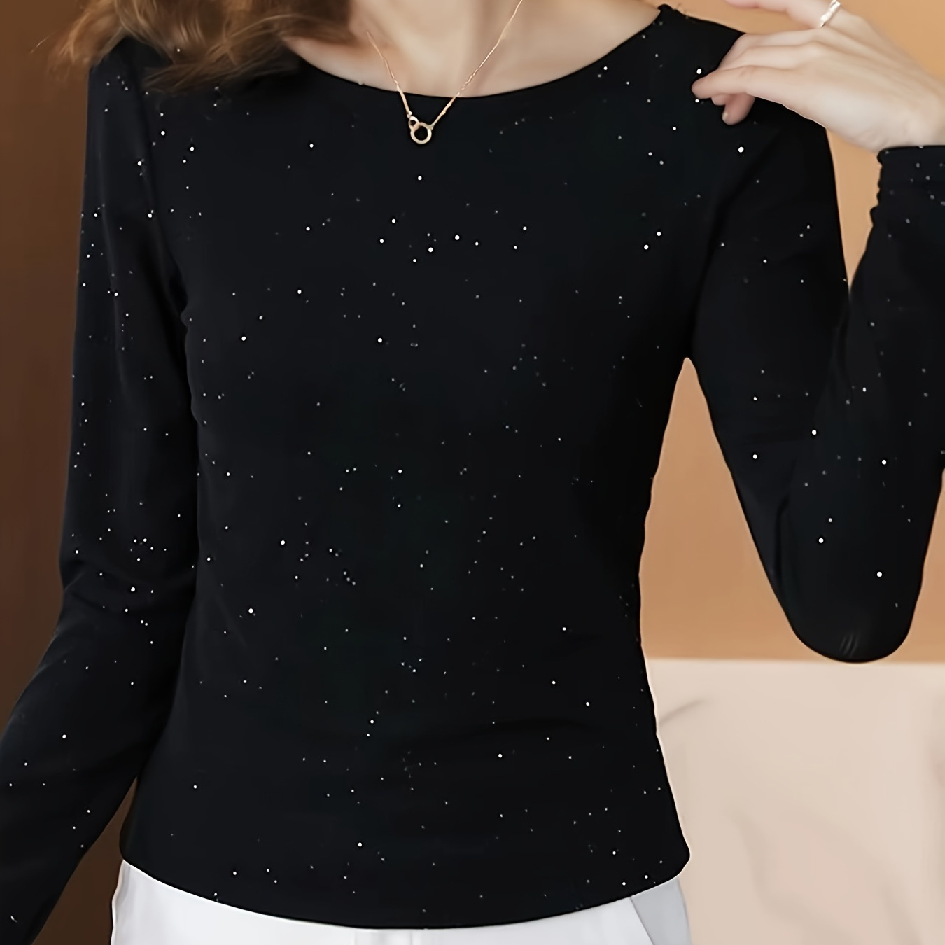 

Elegant Women's Long Sleeve Top In Black With Shimmer - Crew Neck, Stretchy Polyester-spandex , Layering In Fall & Winter, Top| Shimmer Design|stretchy Fabric