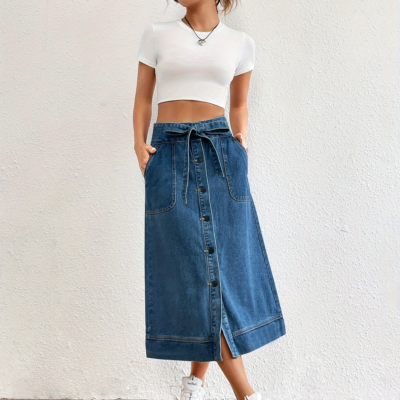 

Women's Plain Denim Skirt With Tie Belt, A-line Button Front Single-breasted, Casual Preppy Style, Jean Midi Skirt For Everyday Wear