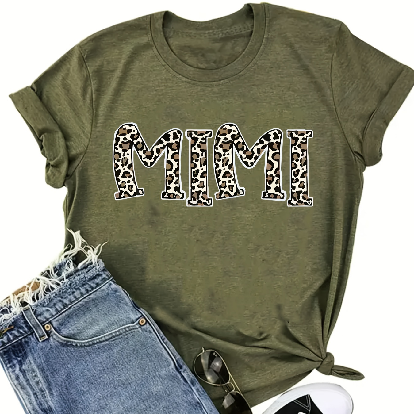 

Plus Size Leopard Letter Mimi Print T-shirt, Casual Short Sleeve Top For Spring & Summer, Women's Plus Size Clothing