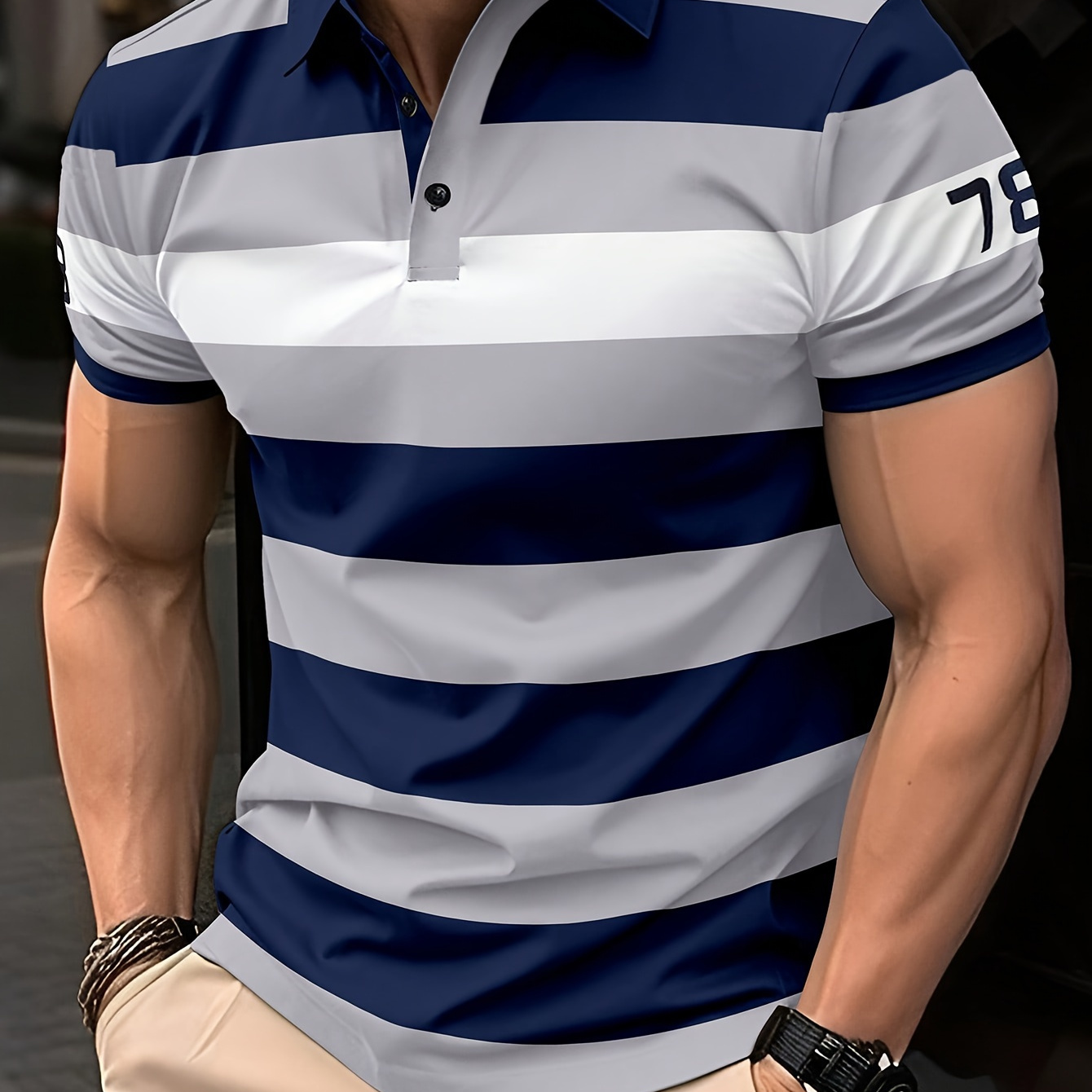 

Men's Colorblock Striped Pattern Print Short Sleeve Golf T-shirt, Outdoor Sports Tennis Tees