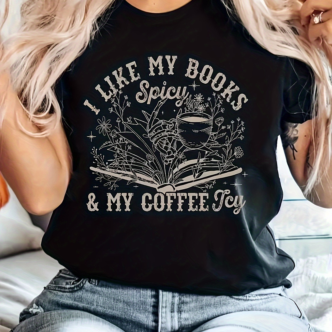 

Women's Casual Crew Neck T-shirt With "i Like My Books Spicy & My Coffee Icy" Print - Polyester Knit Fabric Blend With Spandex - Regular Length Alphabet Pattern Tee For All Seasons