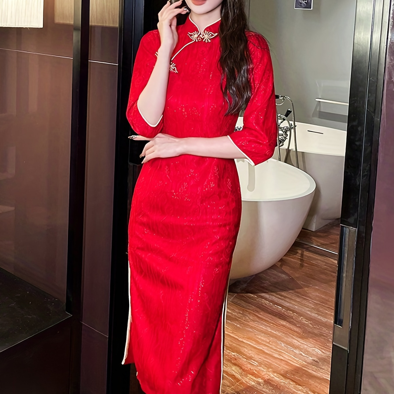 

Solid Split Cheongsam Dress, Elegant Vintage Chinese Style Qipao Dress, Women's Clothing