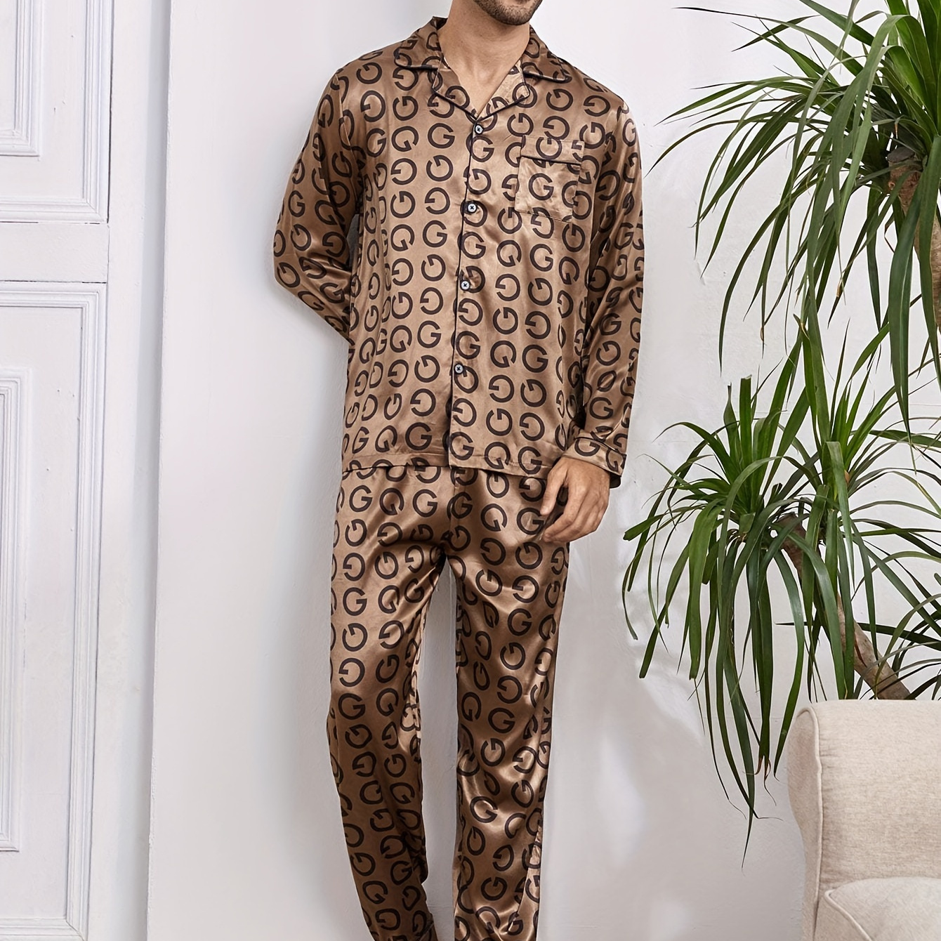 

2 Pcs Men's Silky Trendy Geometric Print Open Front Long Sleeve & Trousers Pajama Sets, Comfortable & Skin-friendly Style Pajamas For Men's Cozy Loungewear