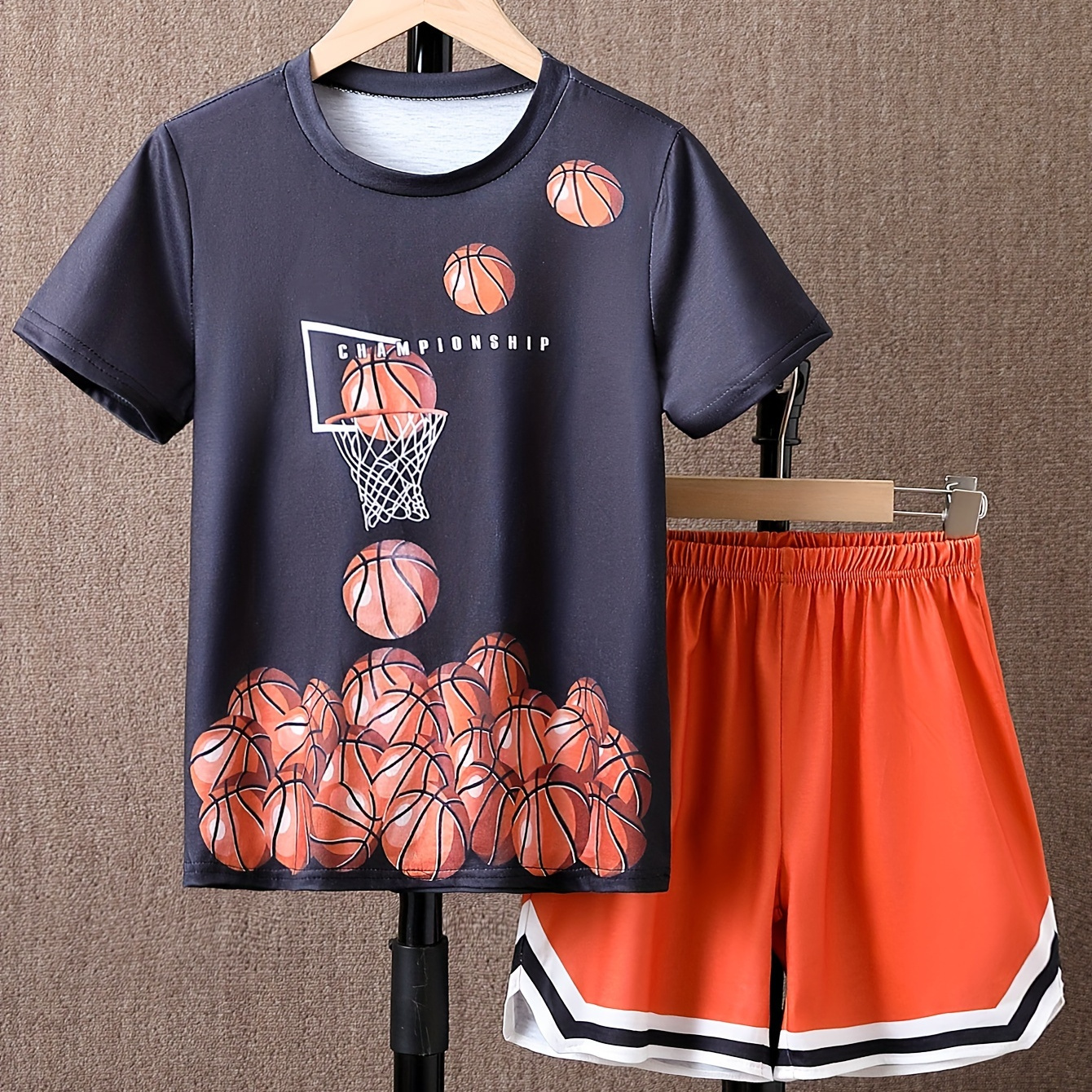 

2pcs Boys Casual Cartoon Basketball 3d Graphic Print Short Sleeve T-shirt & Shorts Set, Comfy Summer Kids Clothes