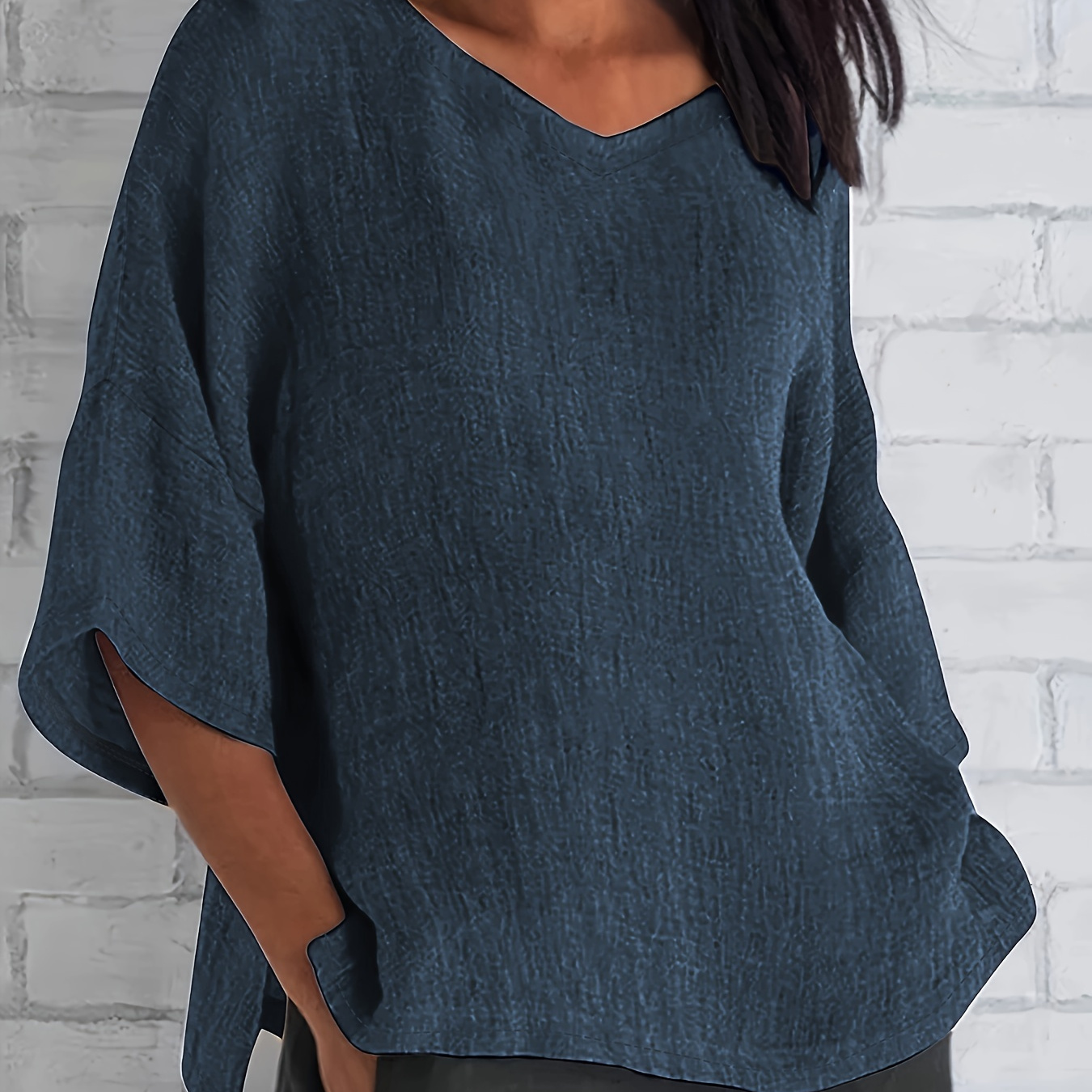 

Solid Color V-neck Simple Blouse, Vintage Half Sleeve Blouse For Spring & Fall, Women's Clothing