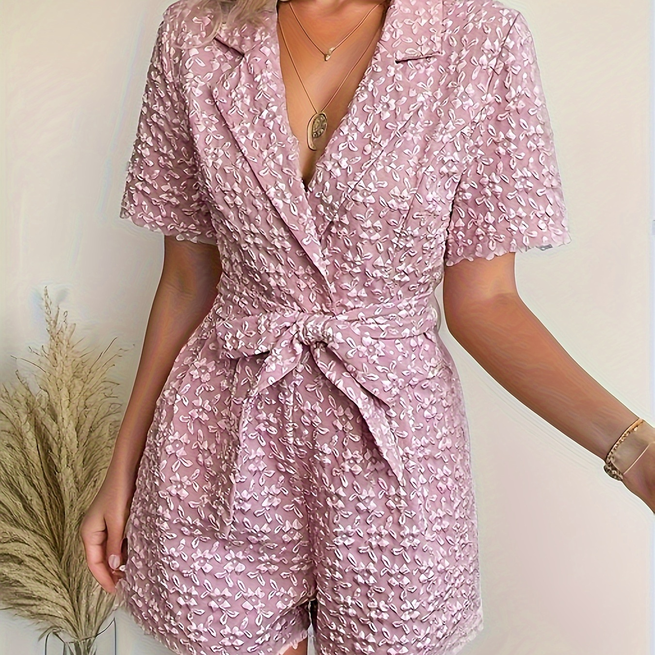 

Floral Pattern Textured Romper Jumpsuit, Casual Short Sleeve Belted Romper Jumpsuit, Women's Clothing