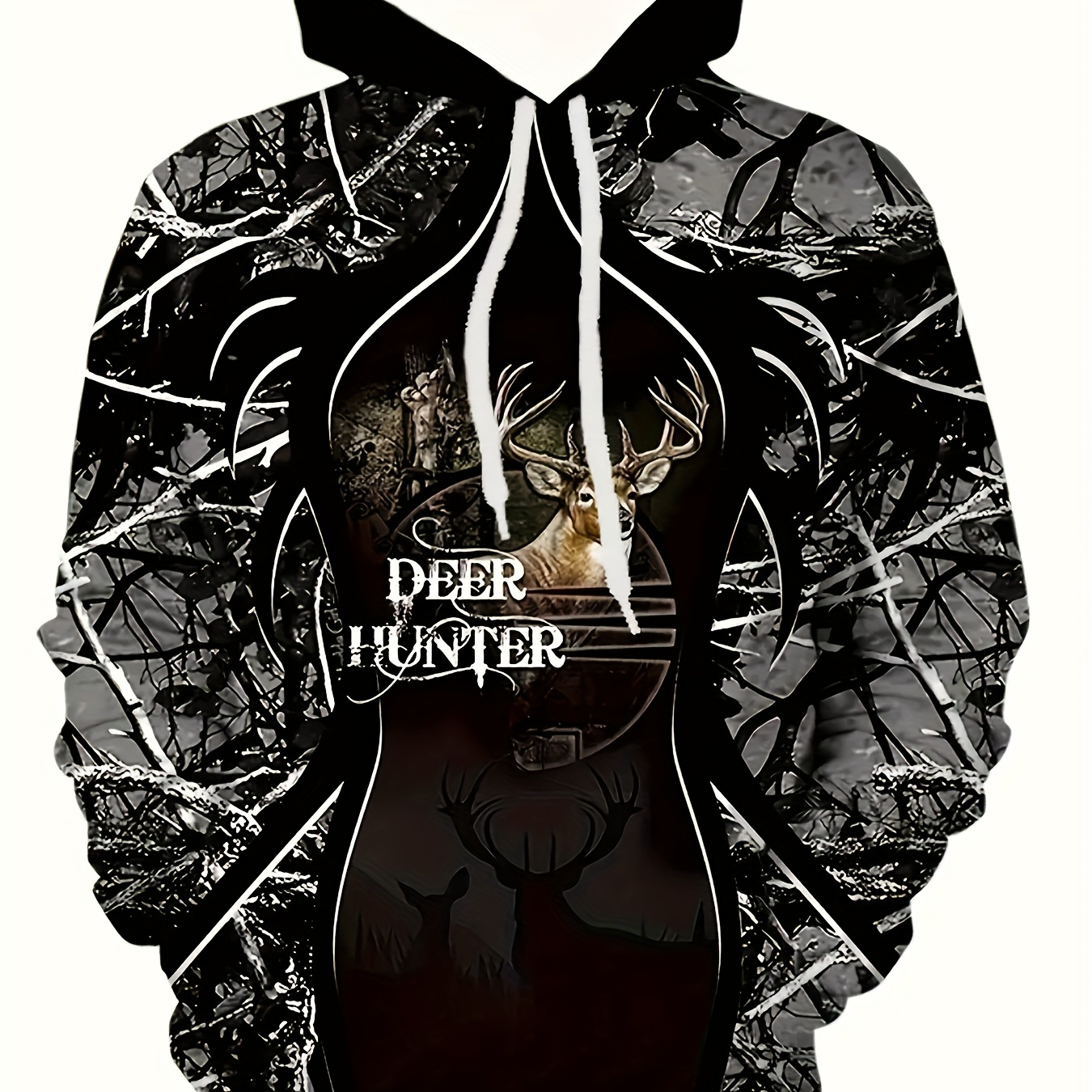 

Men's Spring And Autumn 3d Digital Deer Pattern And Deer Hunter Print Hooded Long Sleeve Sweatshirt, Stylish And Chic Hoodie For Outdoors And Sports Wear