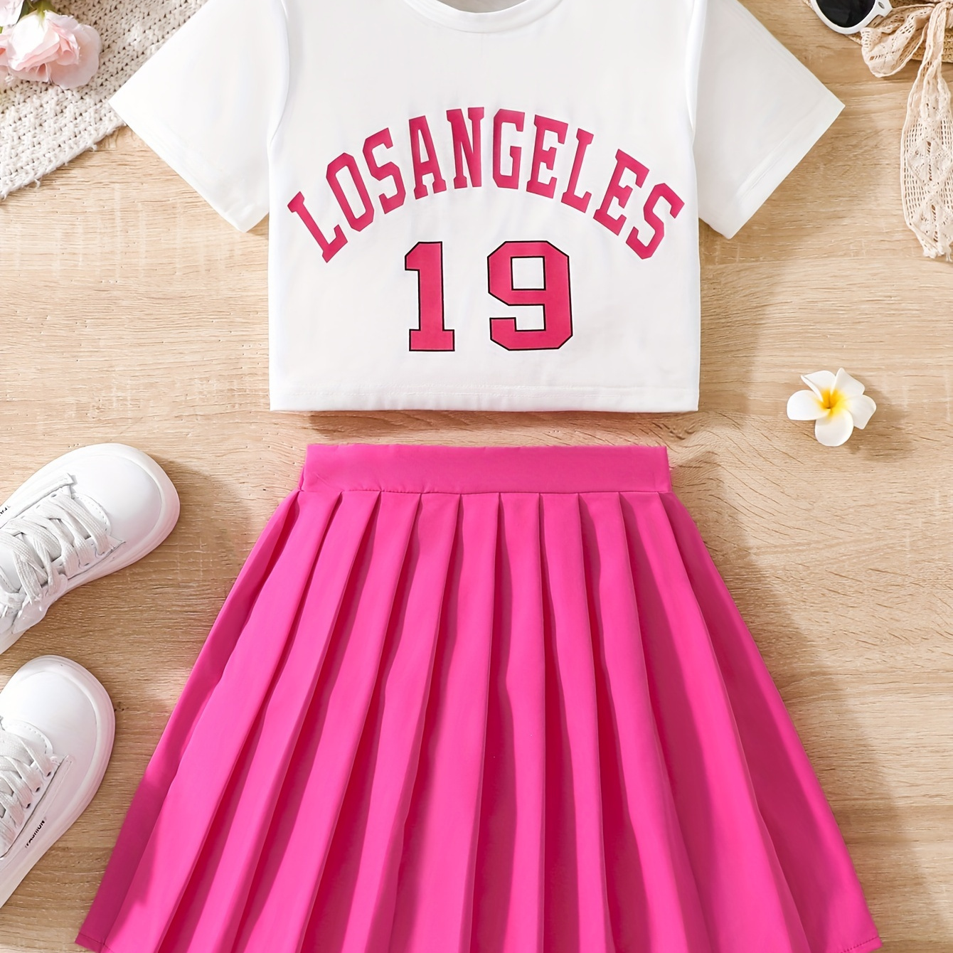 

2 Pcs Los Angeles Letter T-shirt + Solid Pleated Skirt Girls Set - Versatile For Cheerleading Events, Summer & Casual Outings