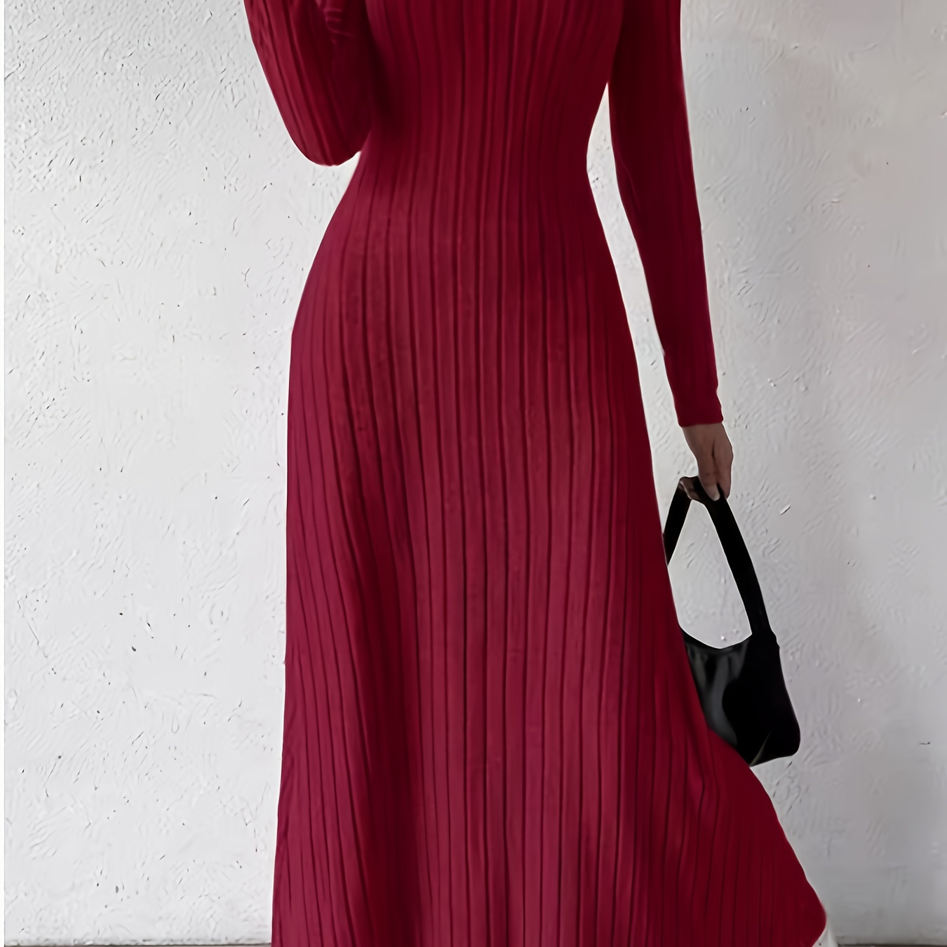 

Robe maxi à manches longues et à côtes en élégant pour femmes, col rond, couleur unie, 100% polyester, silhouette trapèze, pour /hiver