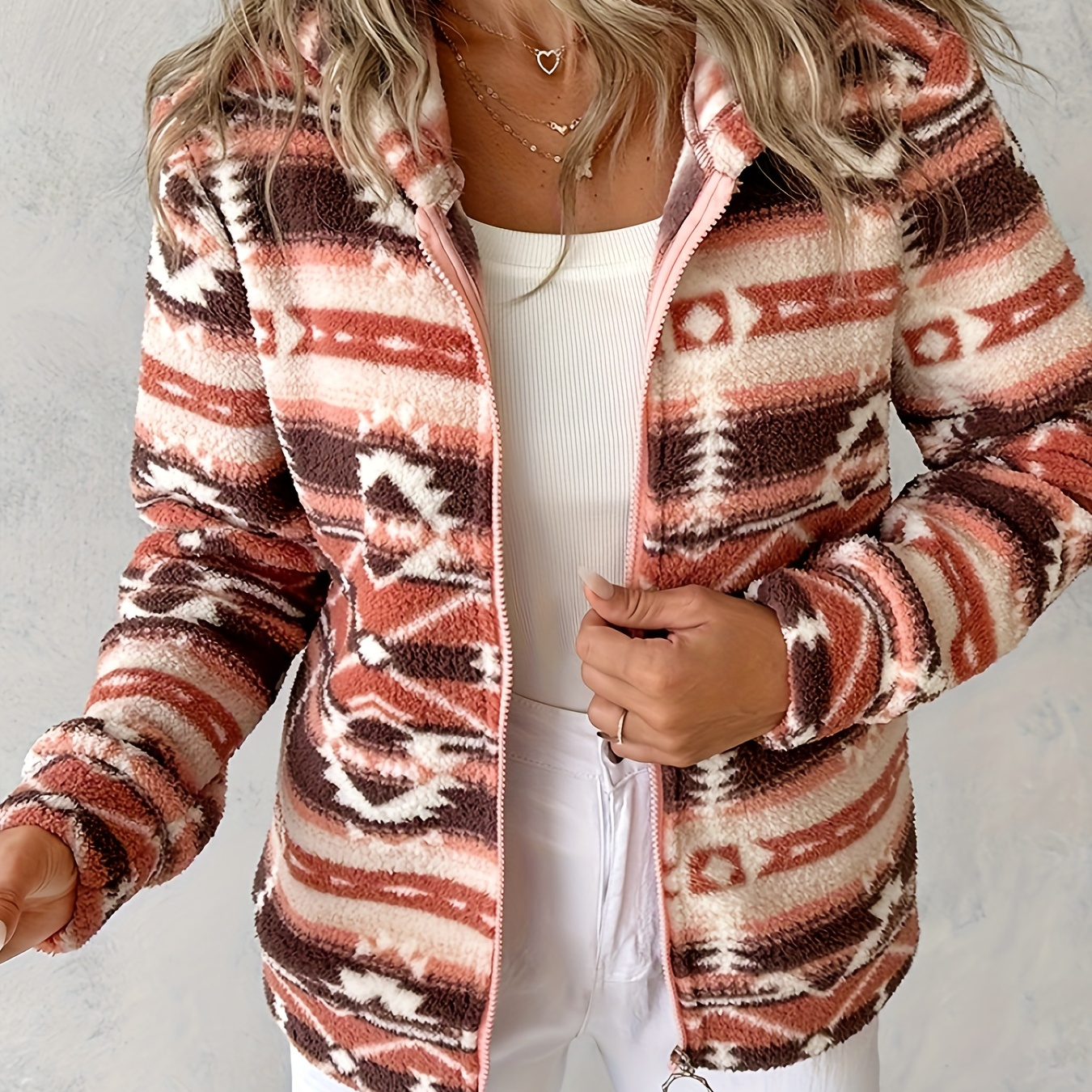 

Aztec Pattern Fall & Winter Jacket, Casual Hooded Zip Up Long Sleeve Outerwear, Women's Clothing