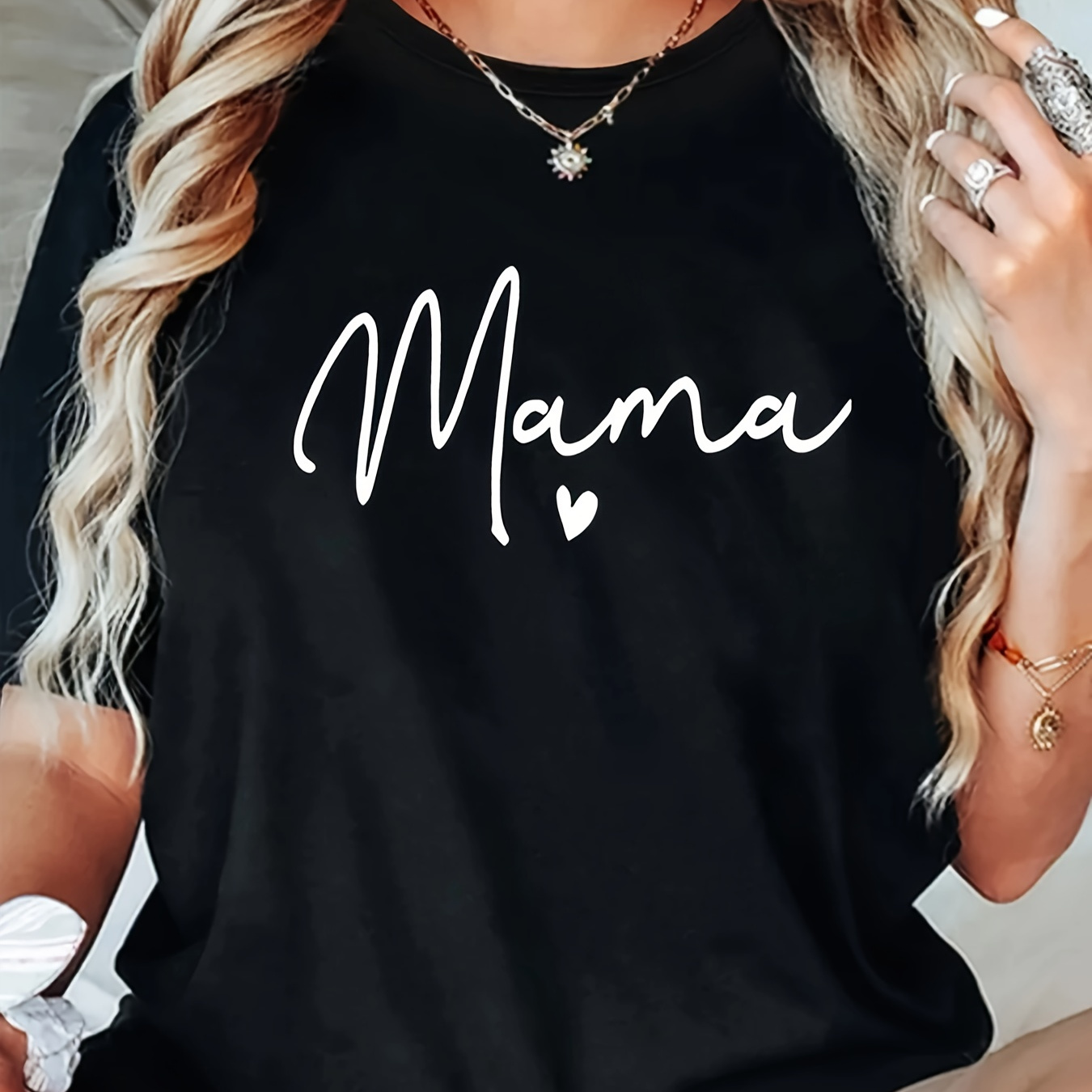 

Women's Casual Polyester T-shirt With "mama" Print, Round Neck, Regular Length, Fashion Top For All