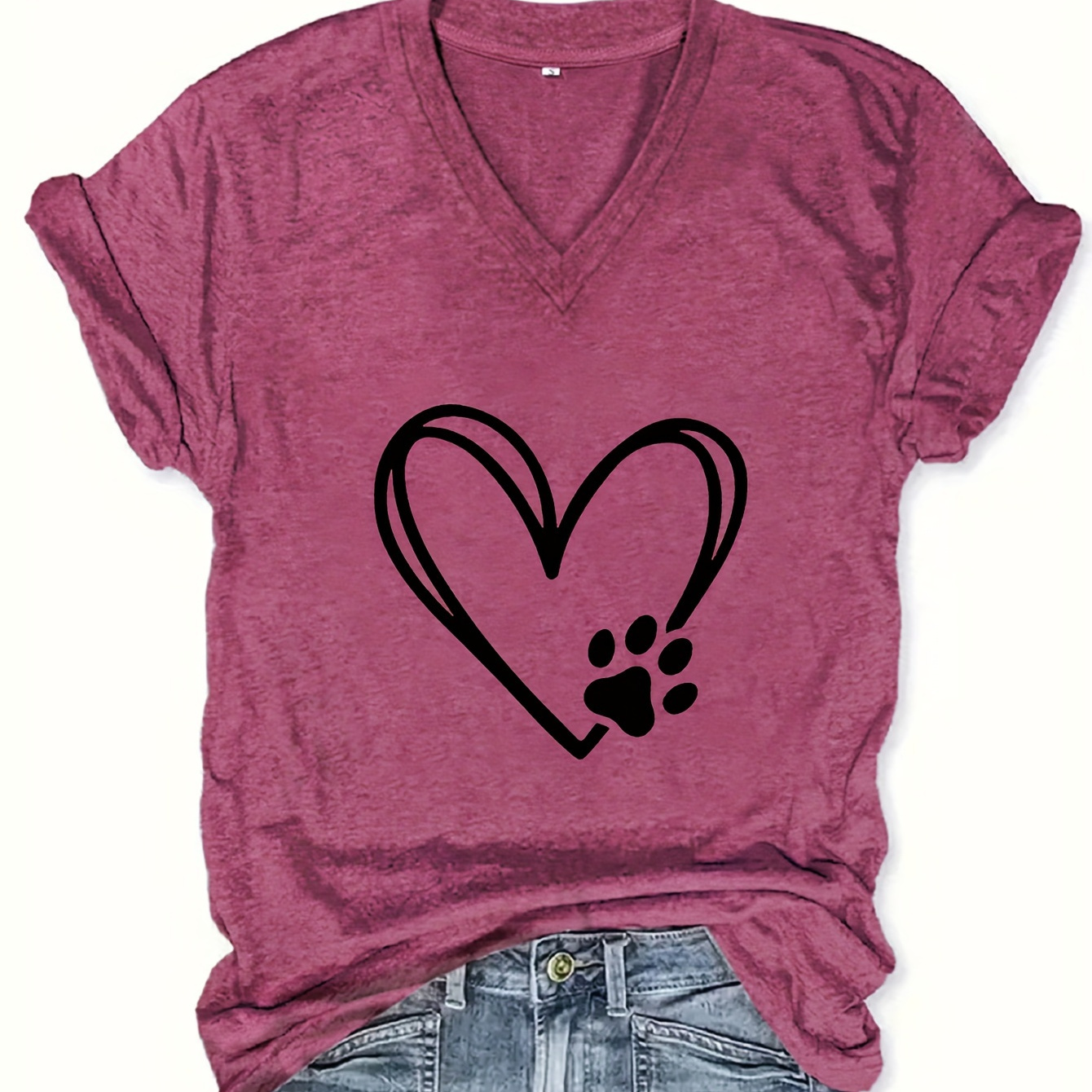 

Heart & Paw Print T-shirt, Casual V Neck Short Sleeve Top For Spring & Summer, Women's Clothing