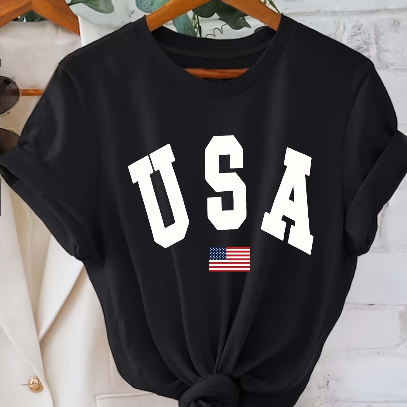 

Usa Print Crew Neck T-shirt, Casual Short Sleeve Top For Spring & Summer, Women's Clothing