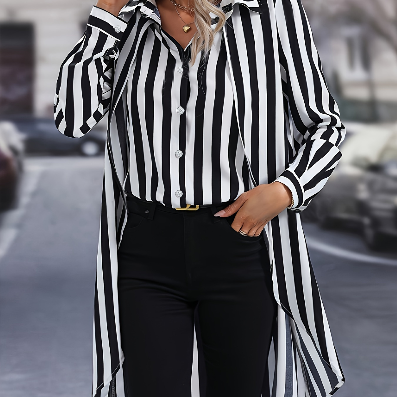 

Striped Print Hem Shirt, Elegant Long Sleeve Button Up Collared Shirt, Women's Clothing