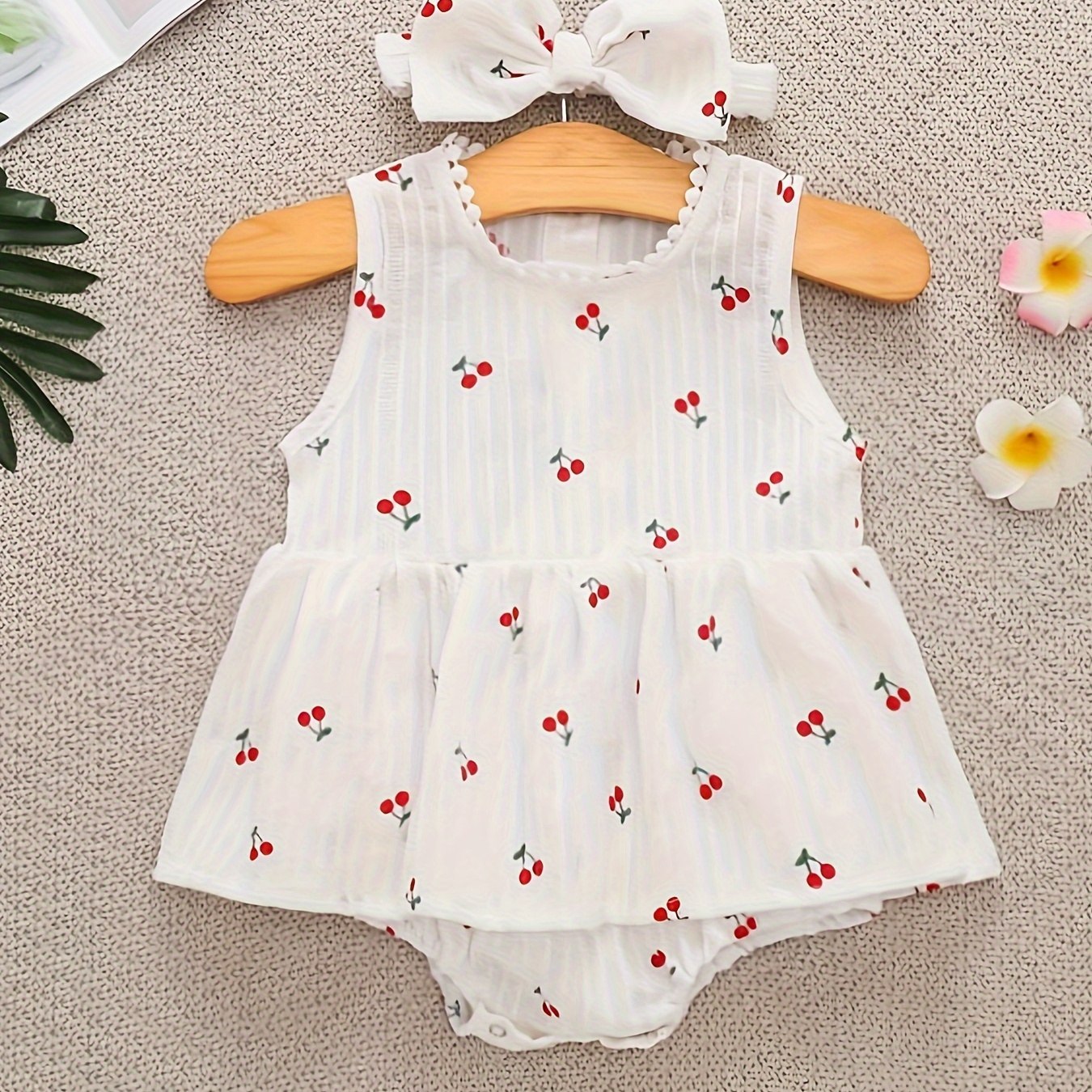 

Baby's Cartoon Cherry All-over Print Cotton Triangle Bodysuit, Casual Textured Sleeveless Romper Dress, Toddler & Infant Girl's Onesie For Summer, As Gift