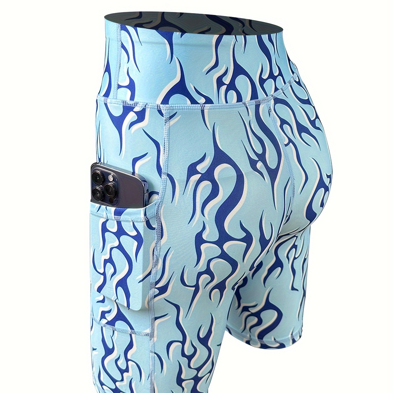 

Plus Size Sports Shorts, Women's Plus Tie Dye Tummy Control Wide Waistband Fitness Shorts With Phone Pockets