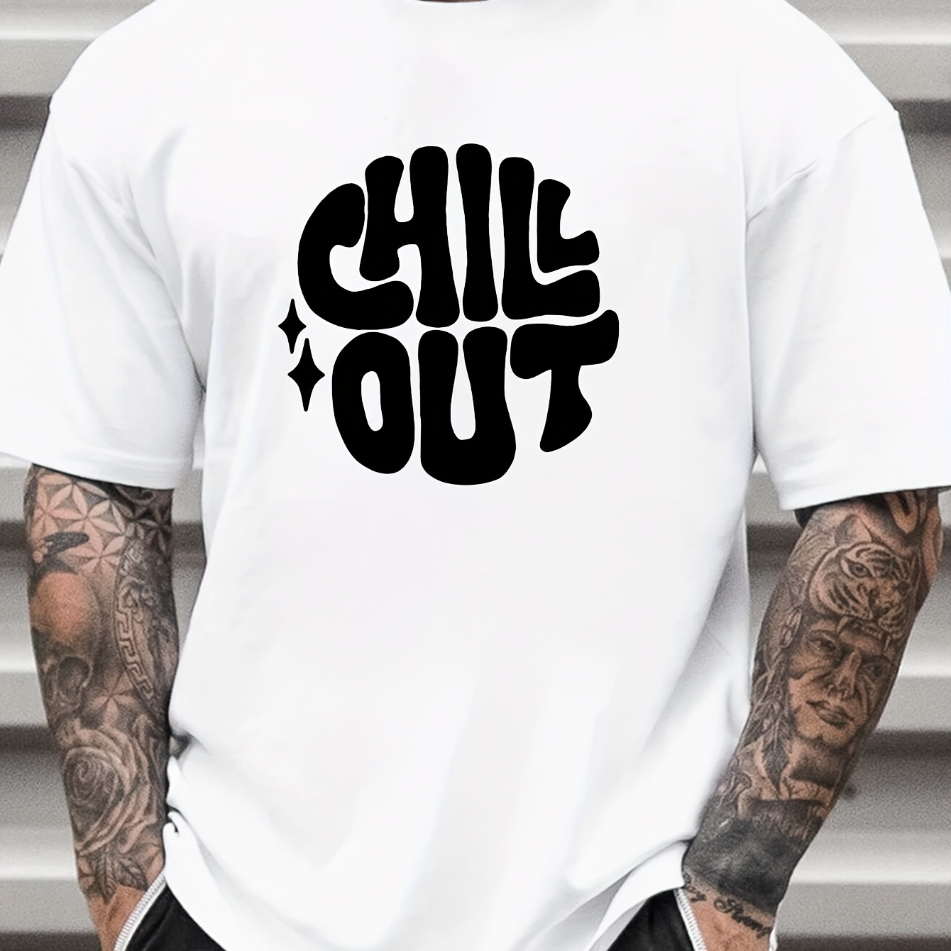 

Men's Pure Cotton T-shirt, 'chill Out' Letter Print Short Sleeve Crew Neck Tees For Summer, Casual Outdoor Comfy Clothing For Male