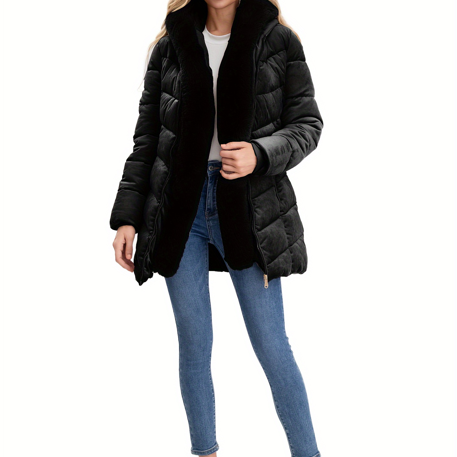 

Elegant Women’s Mid-length Puffer Jacket With Plush Fur Trim Hood - Light Green, Long Sleeve, Zip-up Winter Coat, Versatile & Stylish For Casual Or Chic Outfits