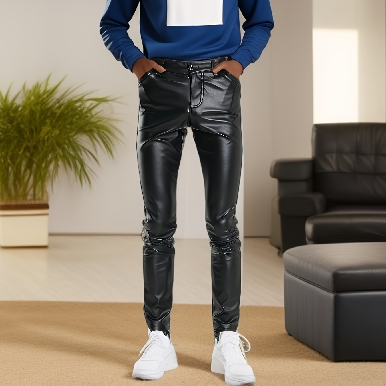 Men's Chic PU Pants, Casual Slim Fit Medium Stretch Faux Leather Biker  Pants For Spring Fall