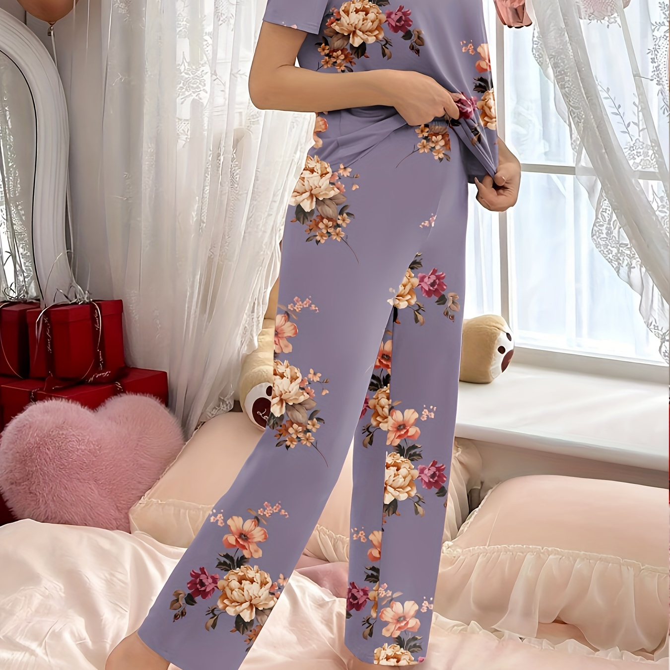 

Floral Print Pajama Set, Casual Short Sleeve Round Neck Top & Elastic Pants, Women's Sleepwear