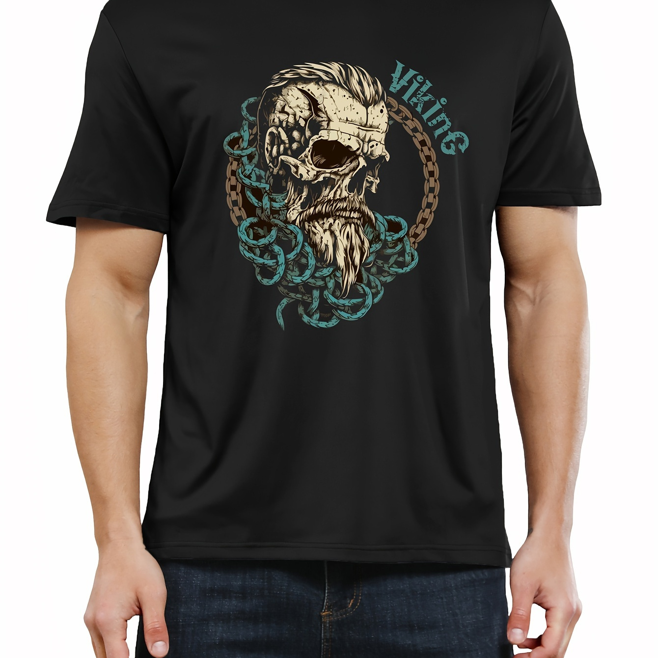 

Viking Skull Print Tee Shirt, Tees For Men, Casual Short Sleeve T-shirt For Summer