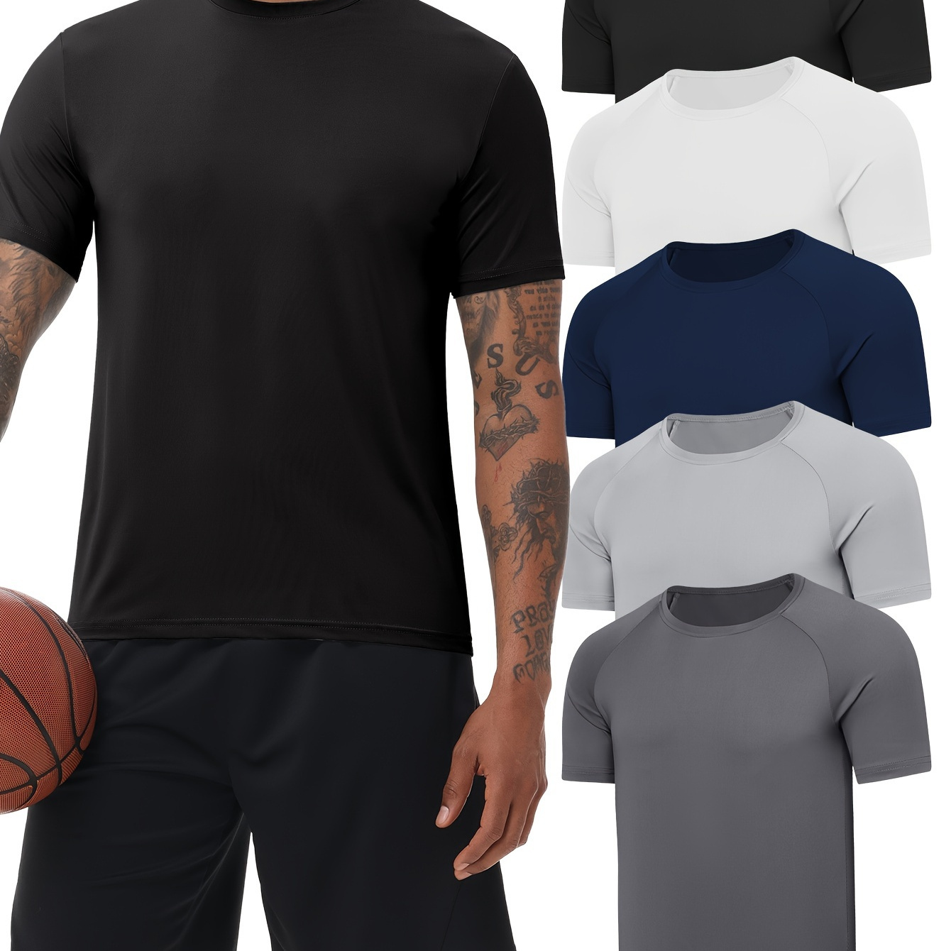 

5-pack Men's Short Sleeve Dry Athletic Crew Neck T-shirts - Moisture Wicking Running Gym Workout T-shirts Tops