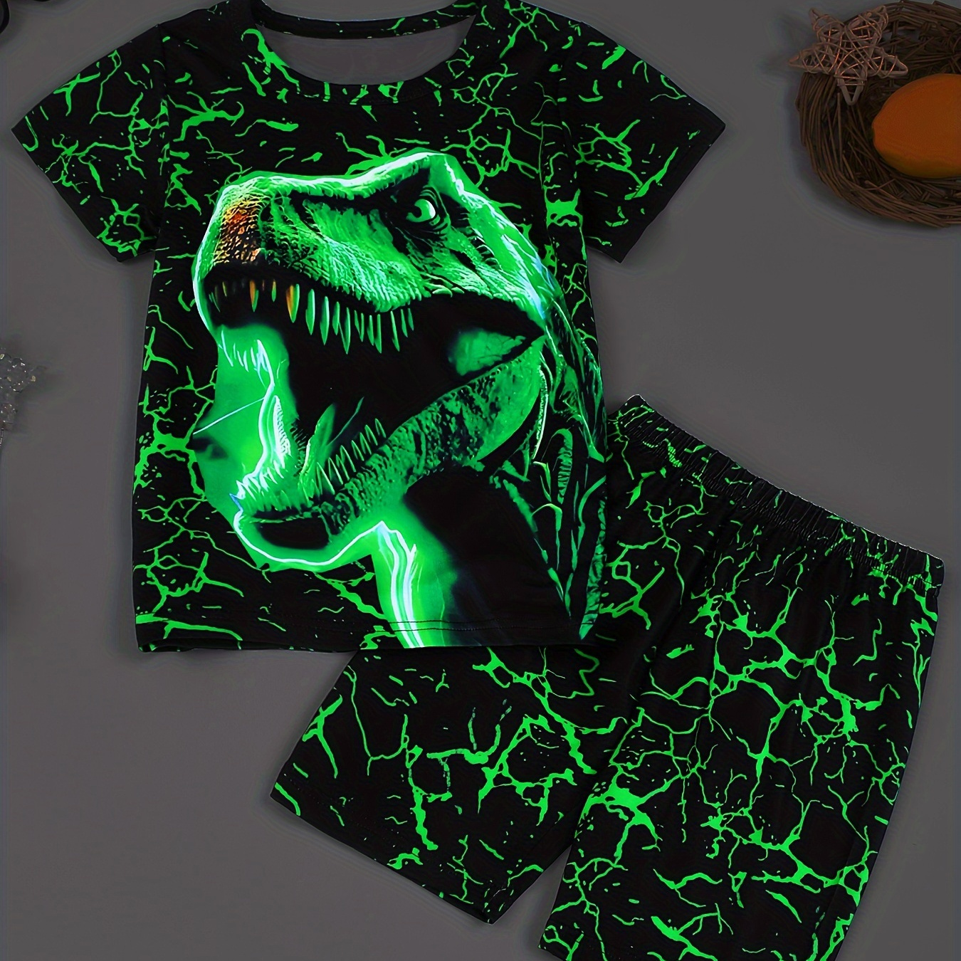 

2pcs Boys Summer Loungewear Set – 3d Luminous Dinosaur Print Short Sleeve Crew Neck Top & Short Comfy Pj Set, Kids' Cozy Sleepwear